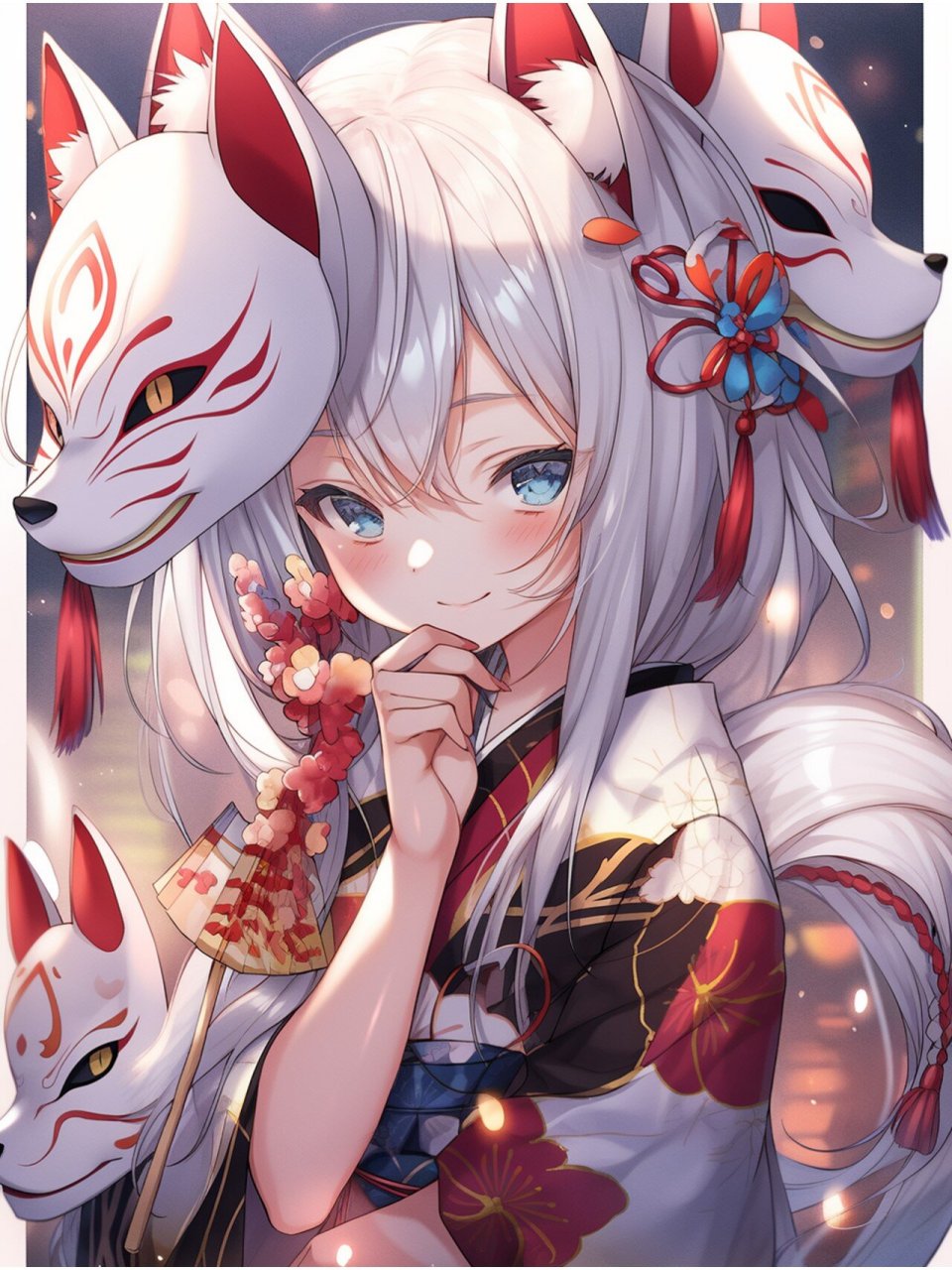 狐妖面具(附咒语) anime girl holding a katame, festive style