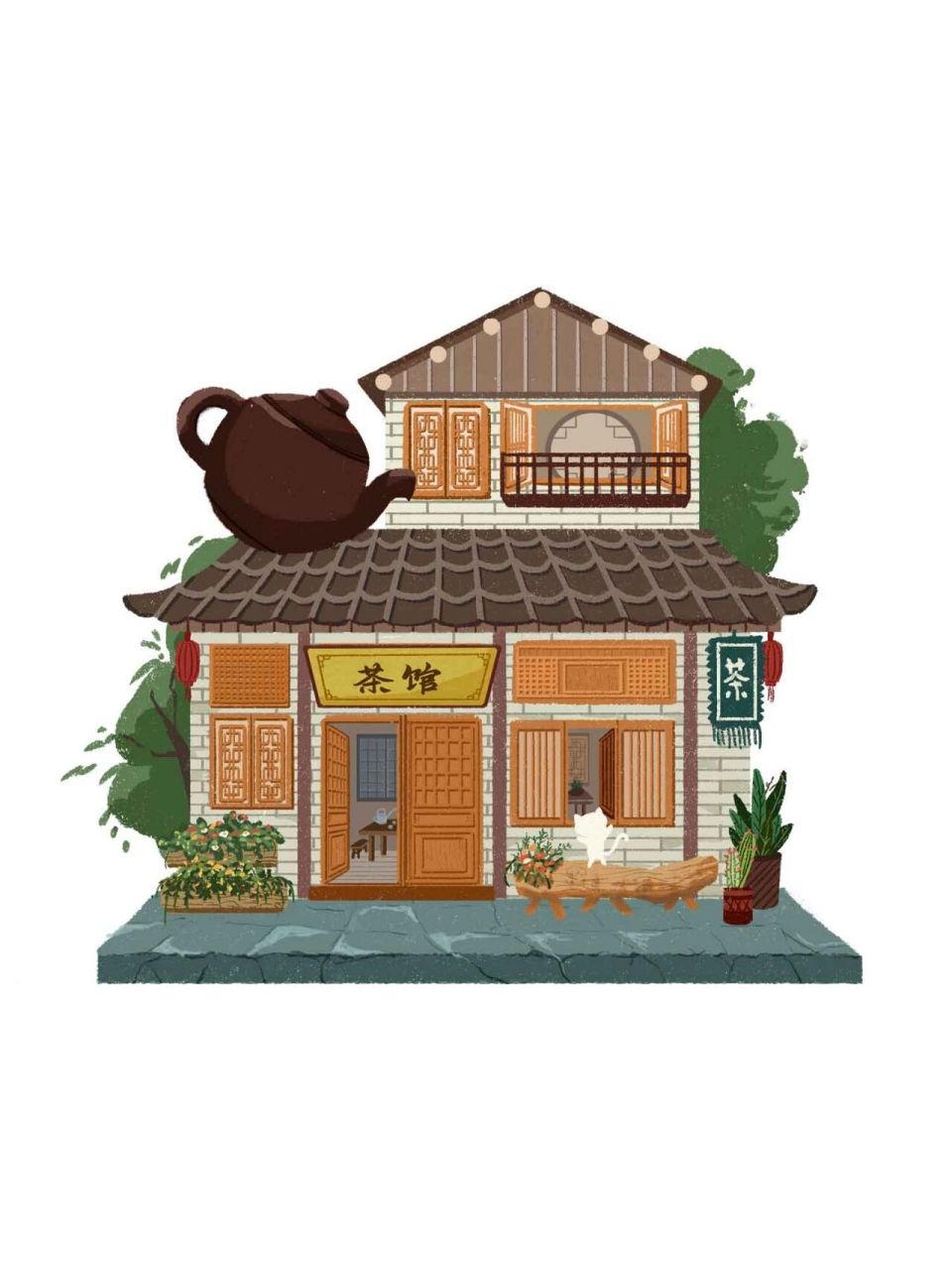 原创插画-小建筑茶楼(附步骤) 灵感来自于之前去的
