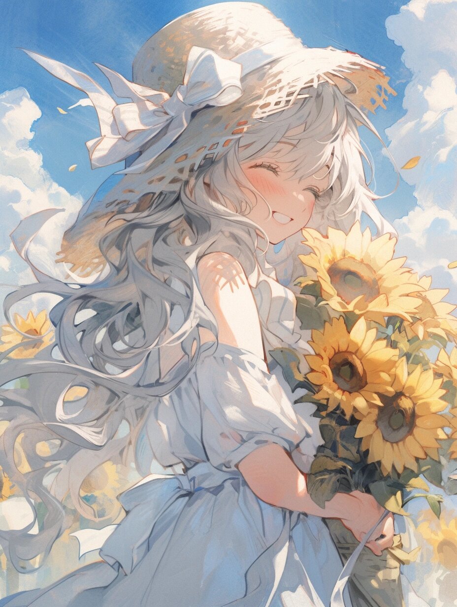 少女,向日葵,阳光和蓝天 | 夏日系列头像1 蓝天白云,微风轻柔, 手捧