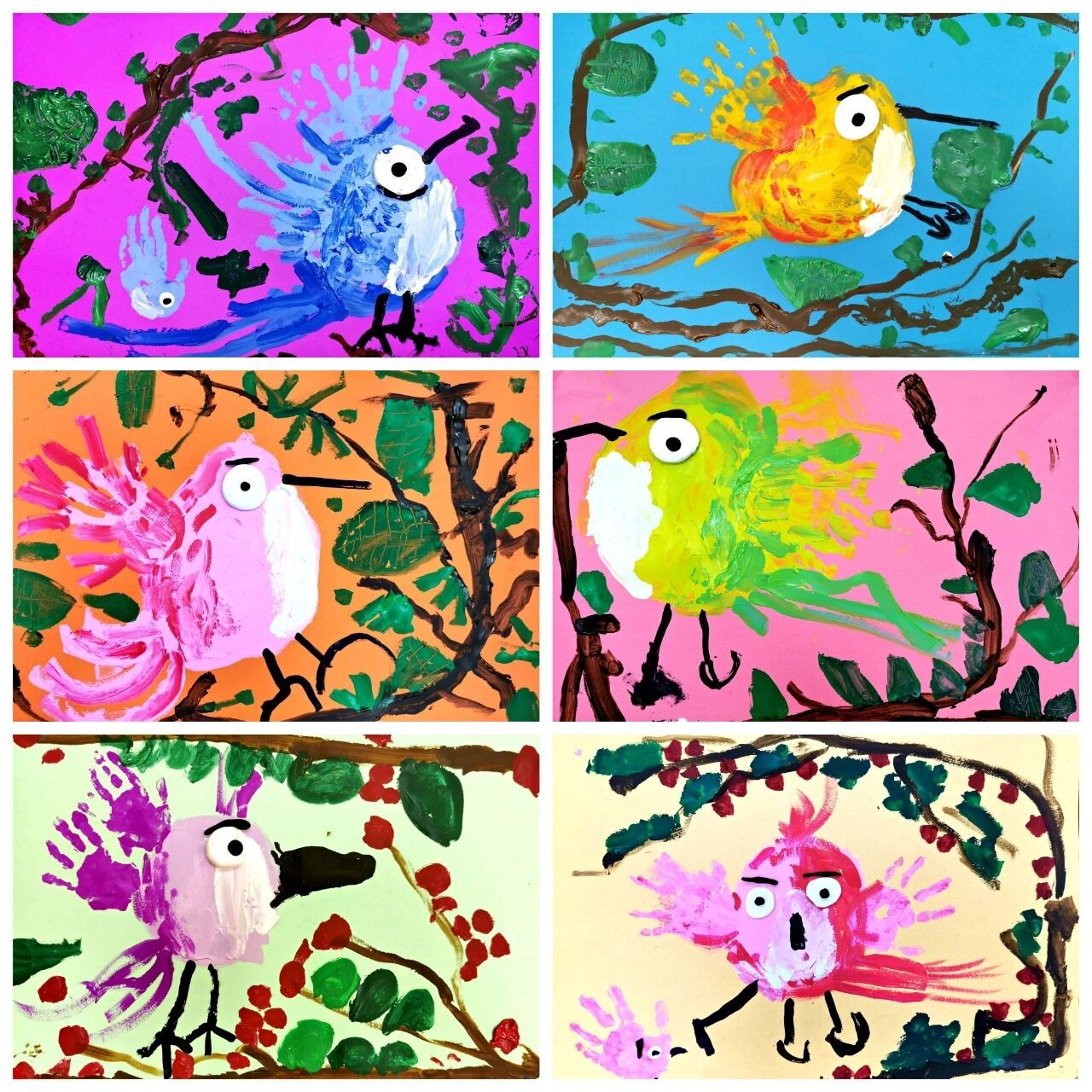 儿童画《用手掌画小鸟》4-5岁小朋友作品    ①用圆形画出小鸟的形状