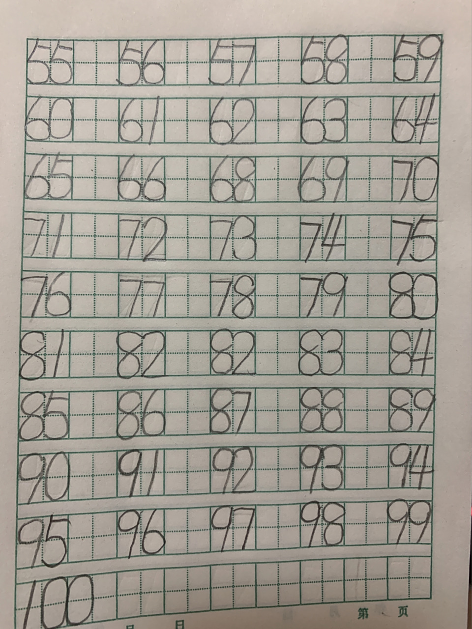 中班小朋友周末任务:田字格数字1-100 态度很认真,但是写这用时26分钟