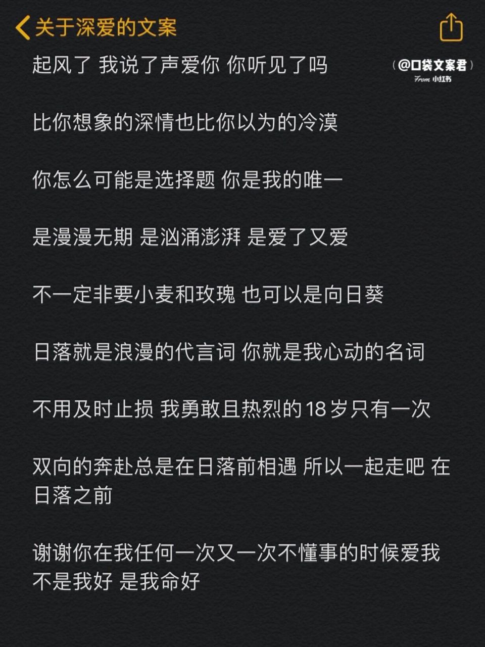 分享文案|关于深爱的文案|情感 1.起风了 我说了声爱你 你听见了吗 2.