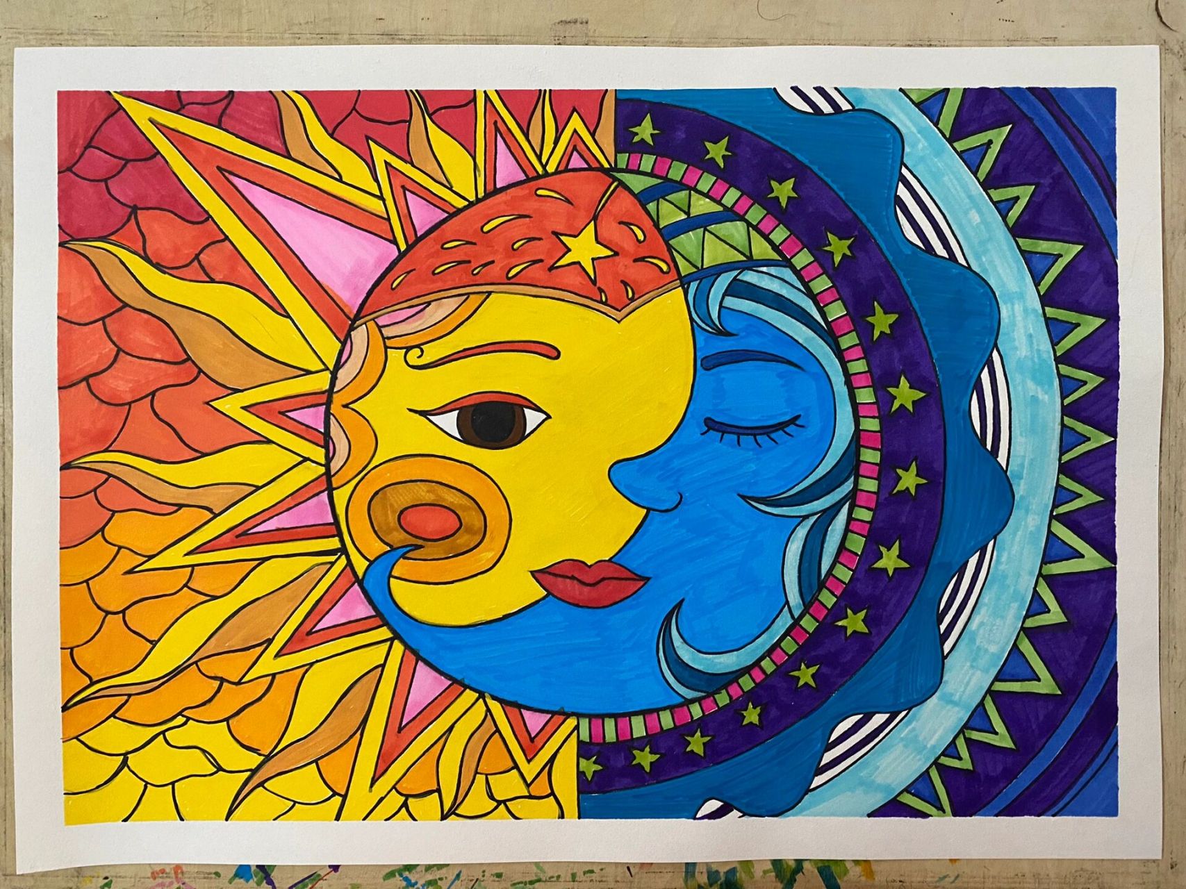 冷暖色教学创意画|太阳和月亮相拥 92学习颜色的冷暖对比,有规律,有