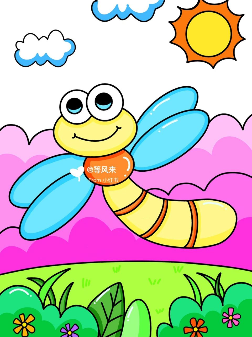 小蜻蜓 创意画 儿童画 带线稿 #创意美术儿童画# #儿童简笔画# #儿童
