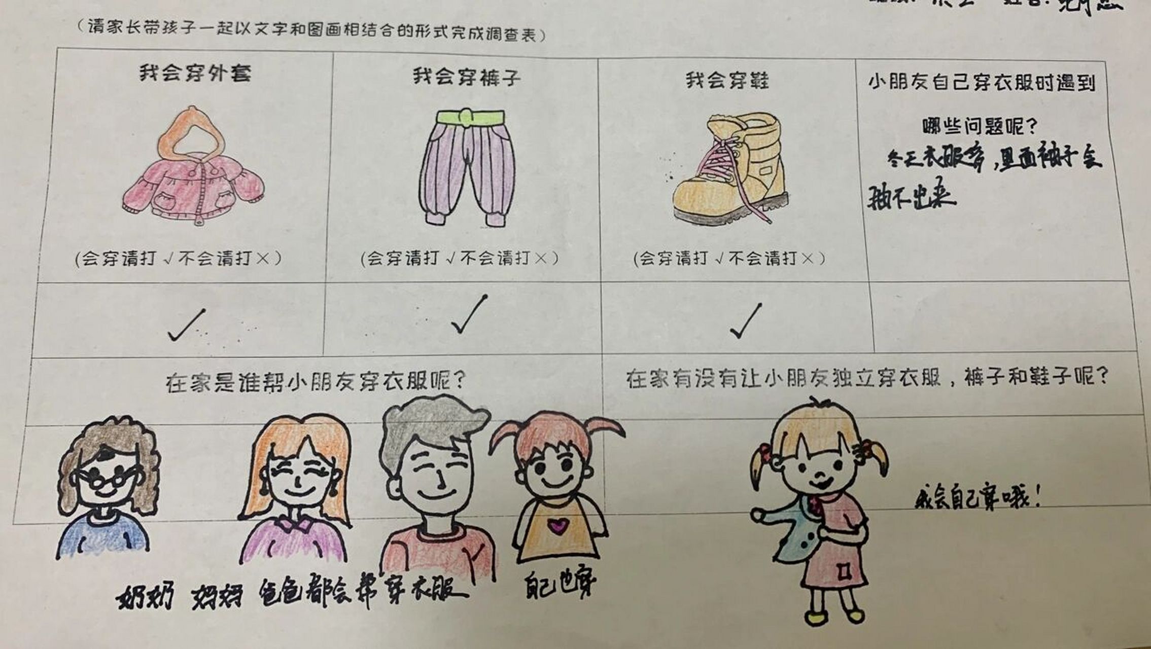 幼儿园作业之穿衣服 发了个穿衣调查表 也不知道应该填写什么 本来想