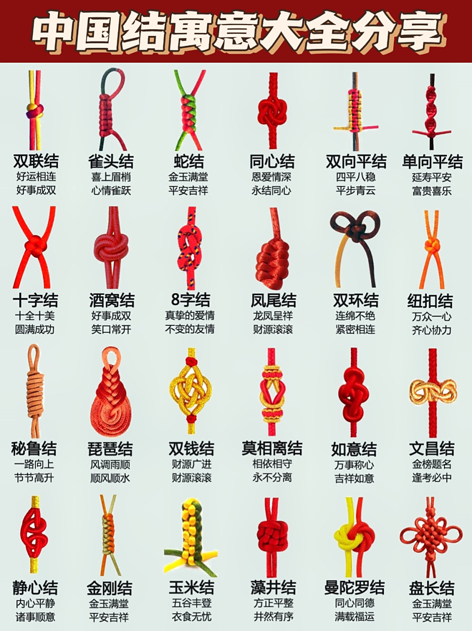 1.双联结 好运相连 好事成双 2.雀头结 喜上眉梢 心情雀跃 3.