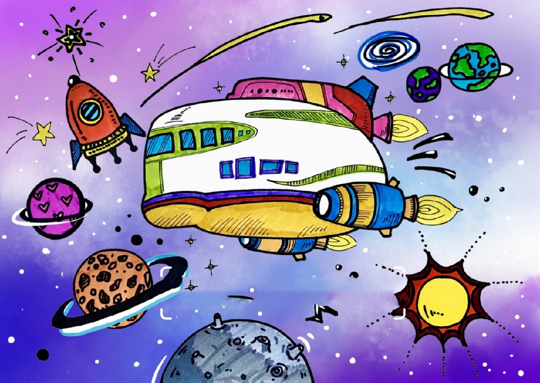 创意线描 ▏太空飞船 7岁可画 后面的背景可以用海绵点上去呦,最后再