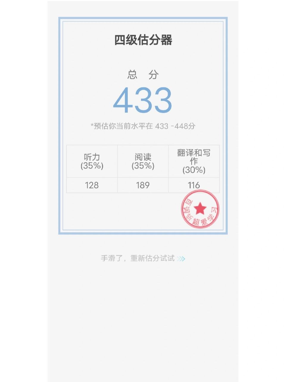做完2021年12月第一套的题,用百词斩四级估分器估分,竟然及格了,渴乔
