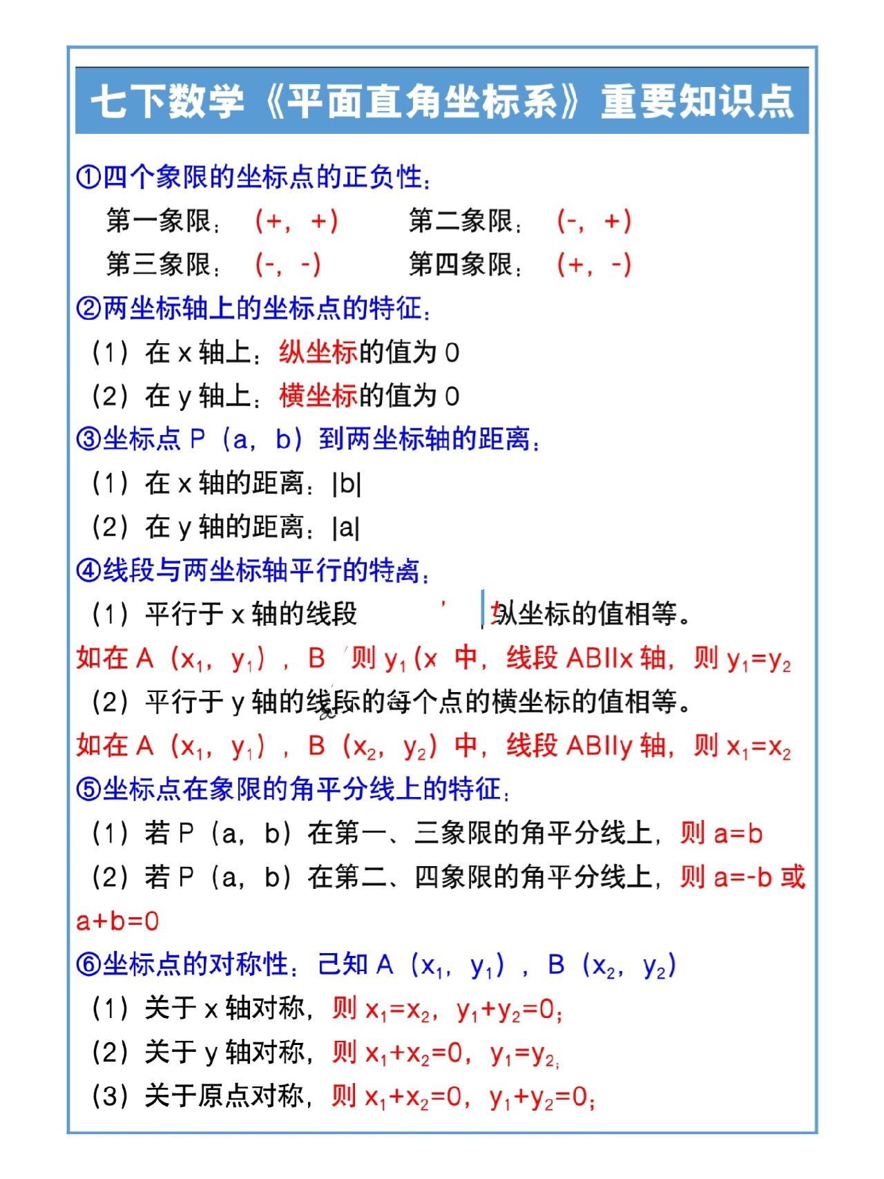 七下数学平面直角坐标系重要知识点 七下数学平面直角坐标系重要知识