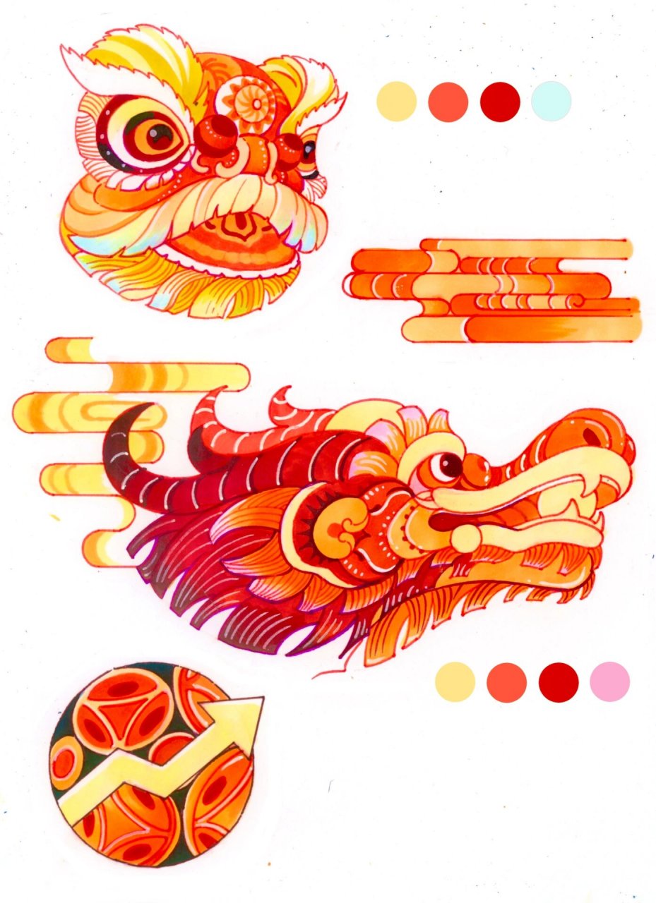 中国传统绘画小元素～舞狮,龙 红红火火的一组中国元素97 这次绘制