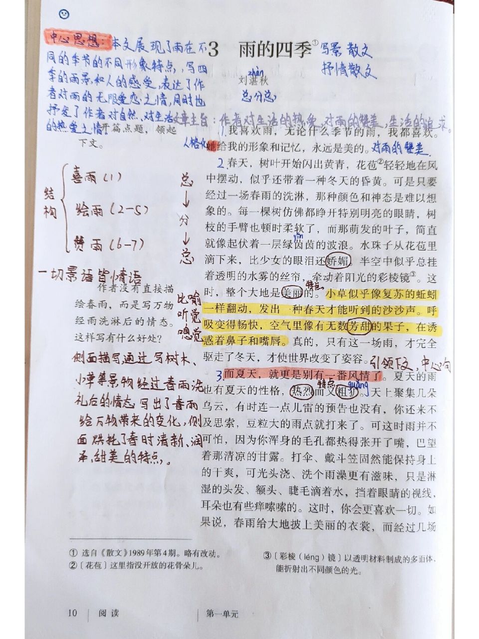七年级上册第三课《雨的四季》课文笔记 7815把握文章内容,概括四