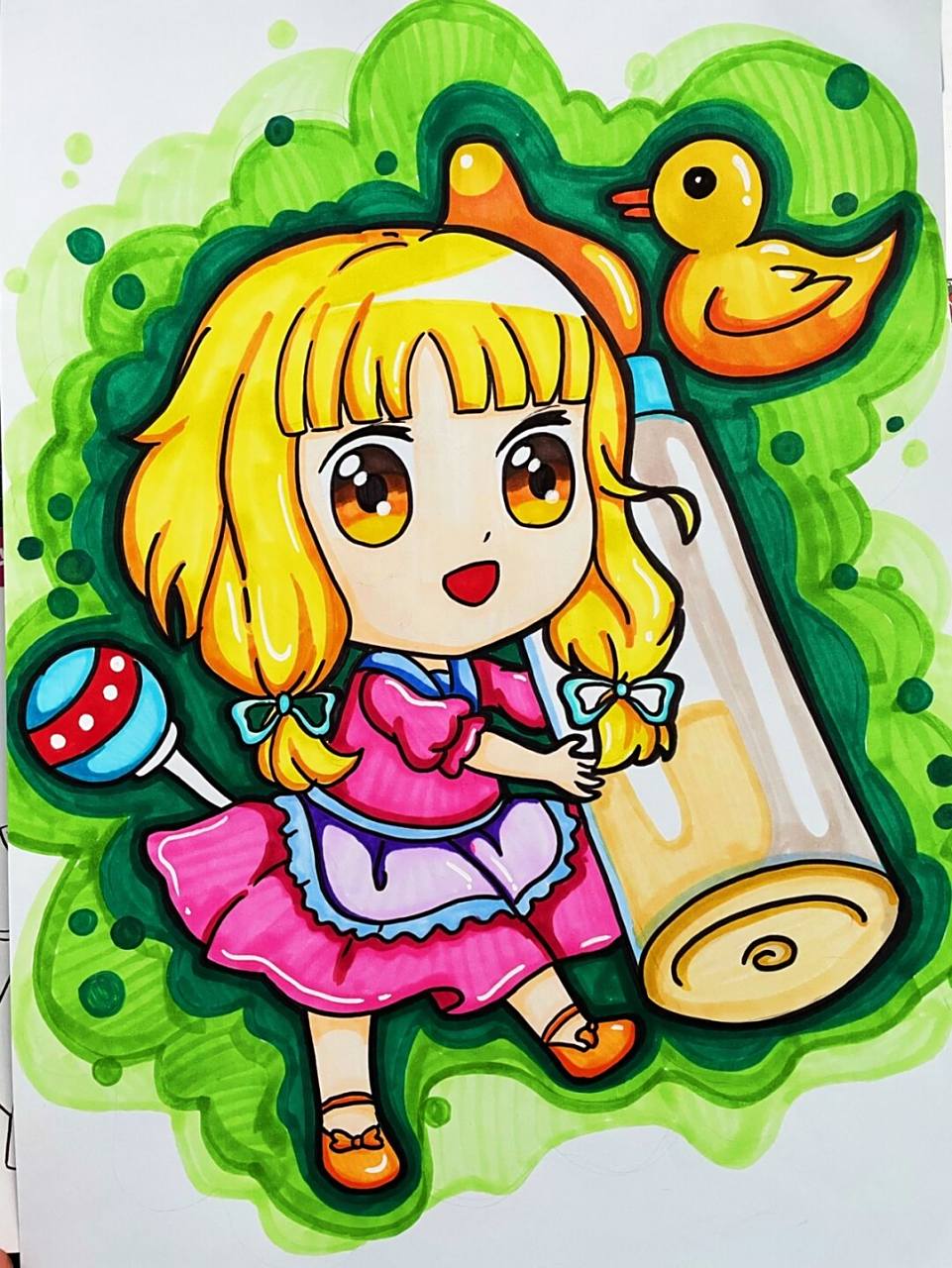 奶瓶92姑娘 q版动漫人物,动漫女孩,马克笔手绘,卡通人物,#马克笔简