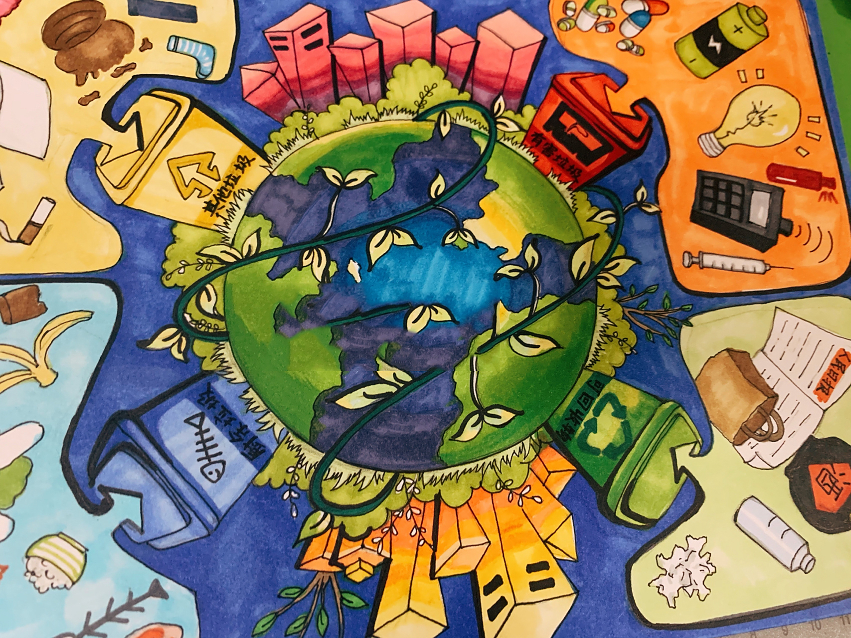 环保主题「垃圾分类」手绘 关于垃圾分类的手绘有很多, 这篇是临摹