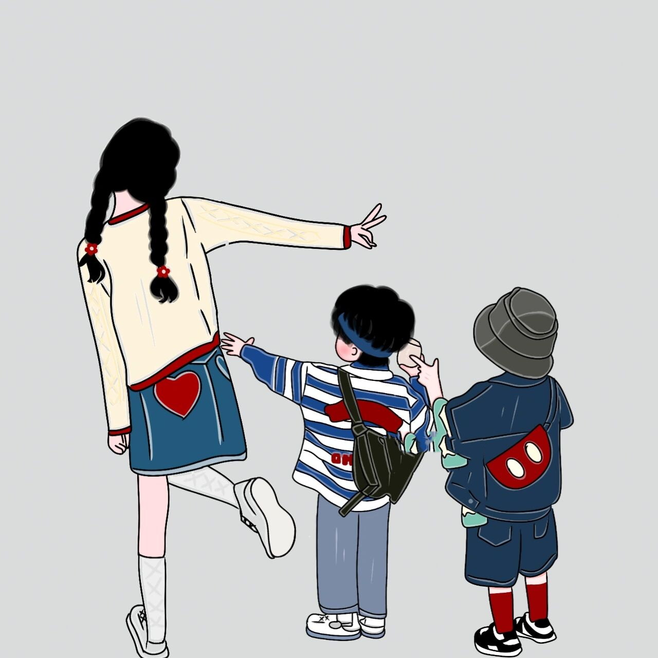 原创手绘两个儿子三个宝宝头像亲子手绘 带娃很累,总不能不带吧,外面