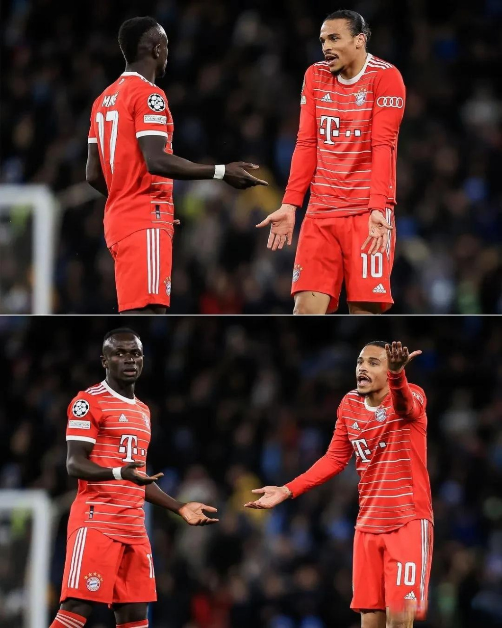 拜仁惨败曼城的比赛后,马内和萨内因为对于第85分钟处理球的分歧而