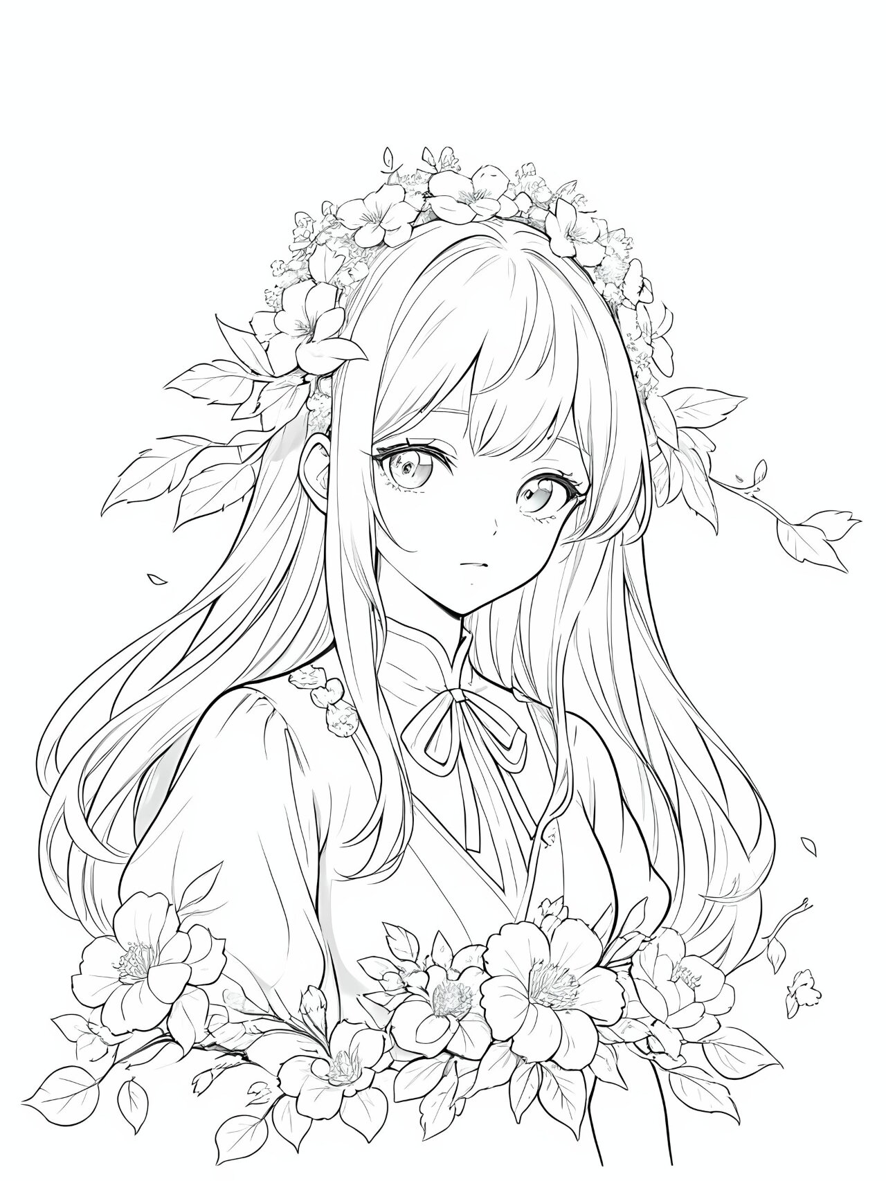 少女线稿,鲜花围绕,分享给宝宝涂色