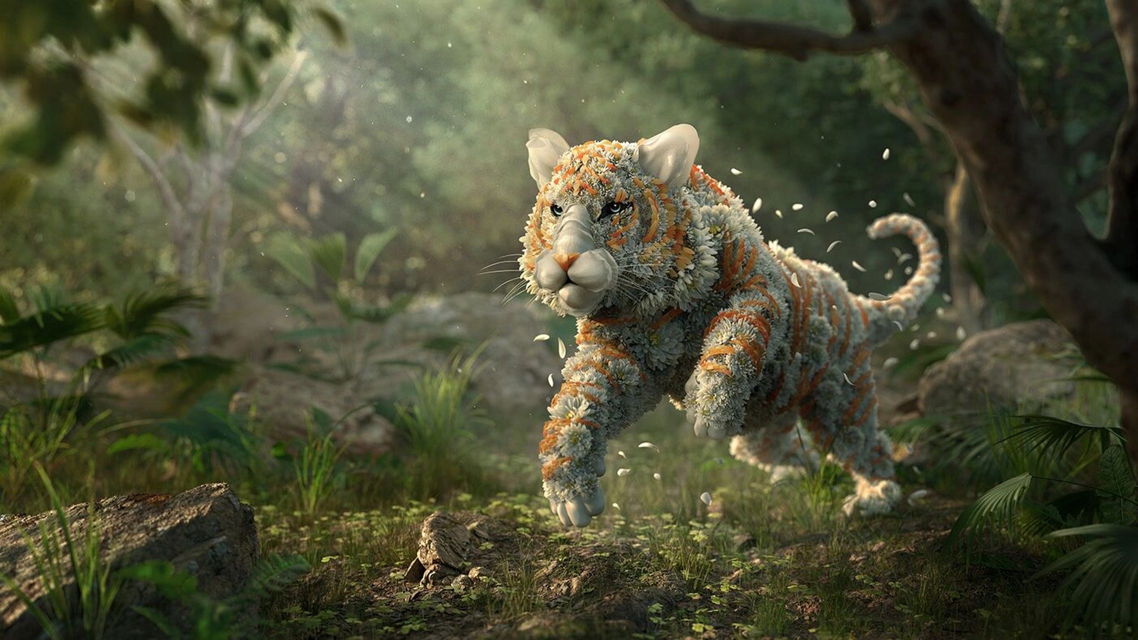 由花瓣建模组成的老虎,运动看起来100%真实 由花瓣组成的老虎,灵感