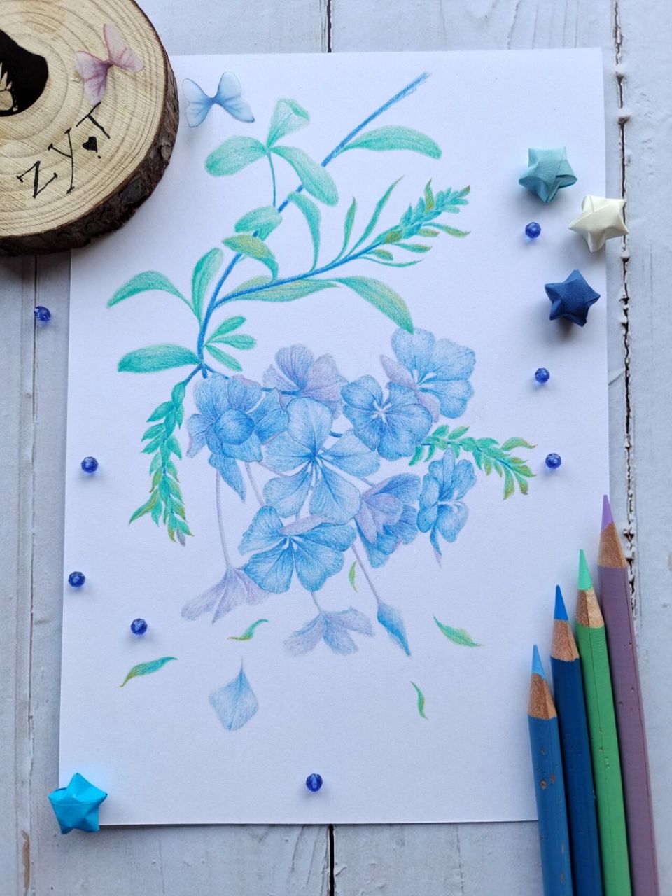 彩铅花卉#蓝雪花#线稿#参考图#色号 色号如下—— 花朵正面:1023淡