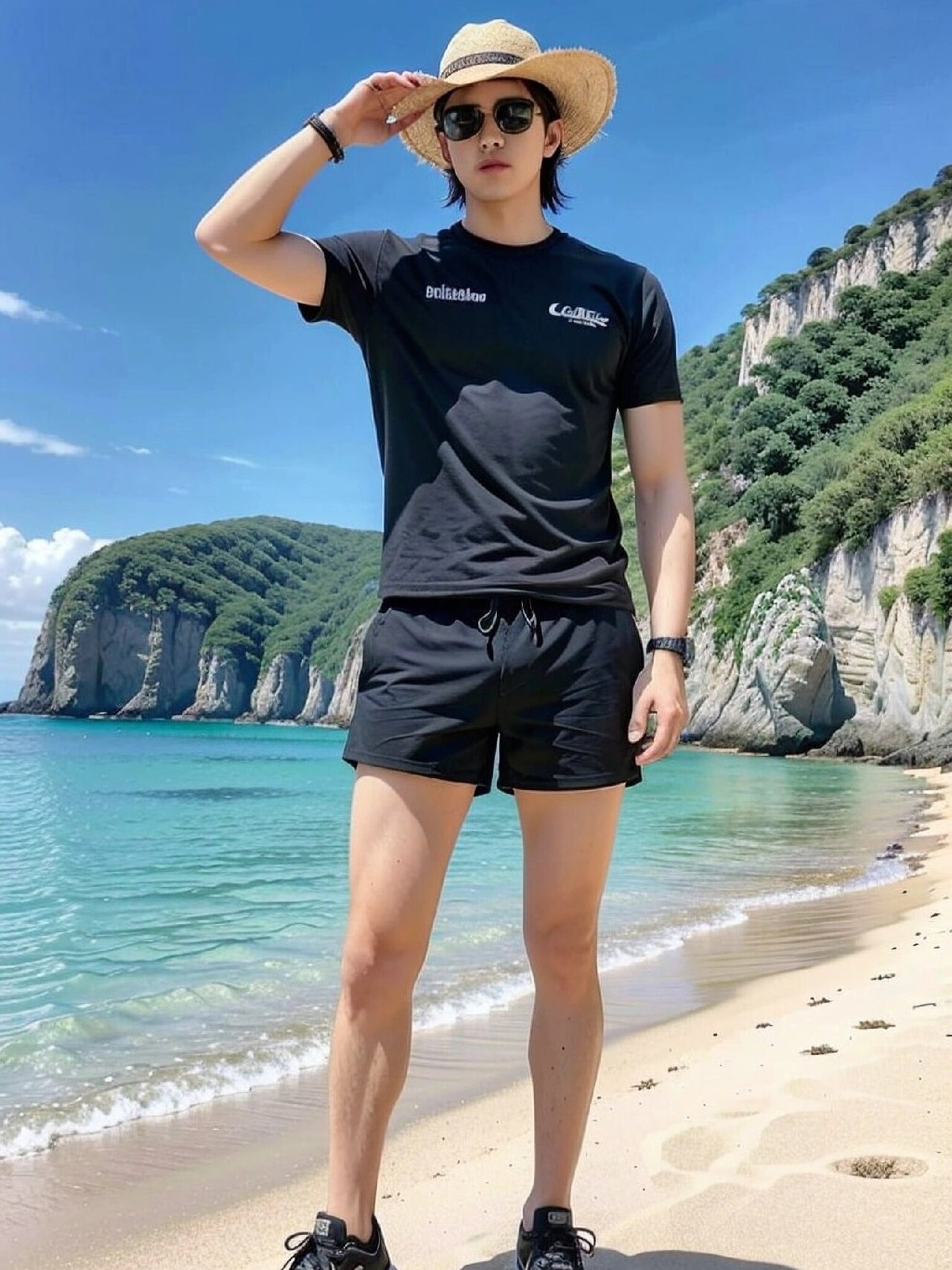 清凉一夏丨戴上墨镜和帽子的海边帅哥