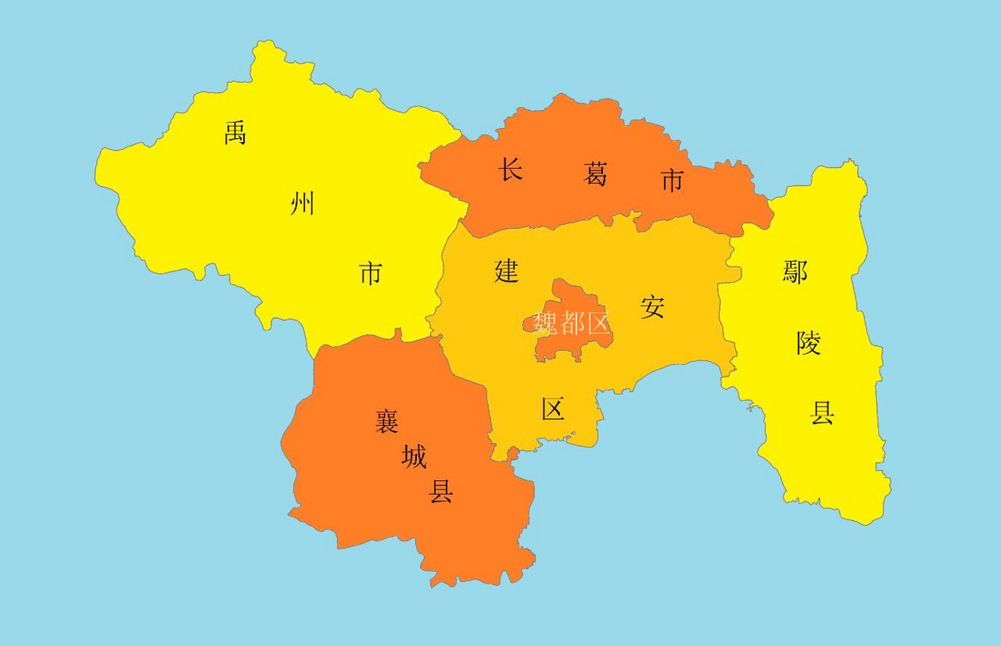 河南行政区划地图 许昌,下辖2区,2县,2县级市:魏都区,建安区,鄢陵县