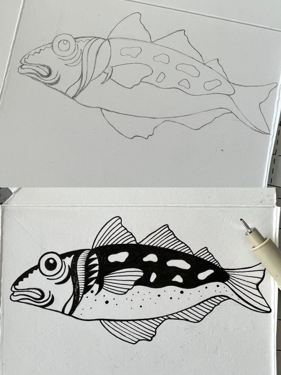 手绘# #针管笔手绘# #手绘鱼# #鱼创意美术# #线描画# #黑白线描