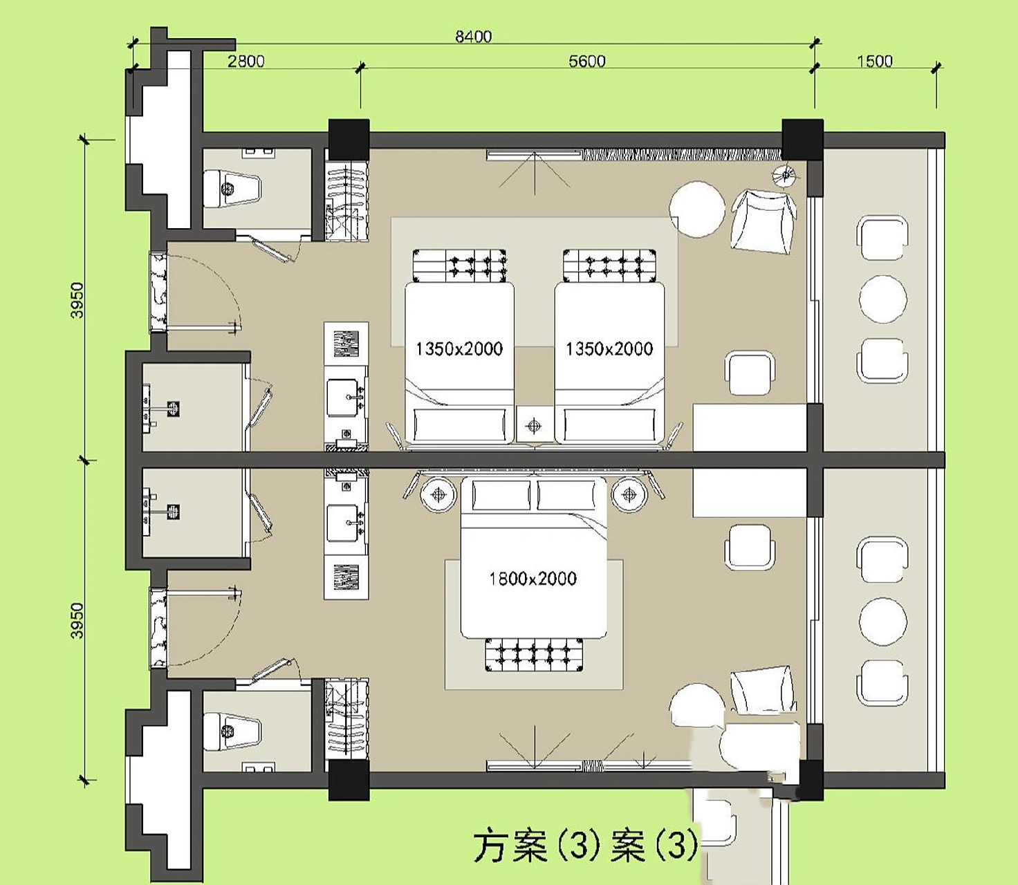 酒店客房设计方案平面图 客房标配的淋浴间,卫生间,洗手台,卧室,阳台