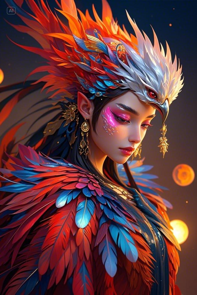 中国神话山海经火女毕方,头上是凤凰头,全身红蓝羽毛渐变,概念艺术