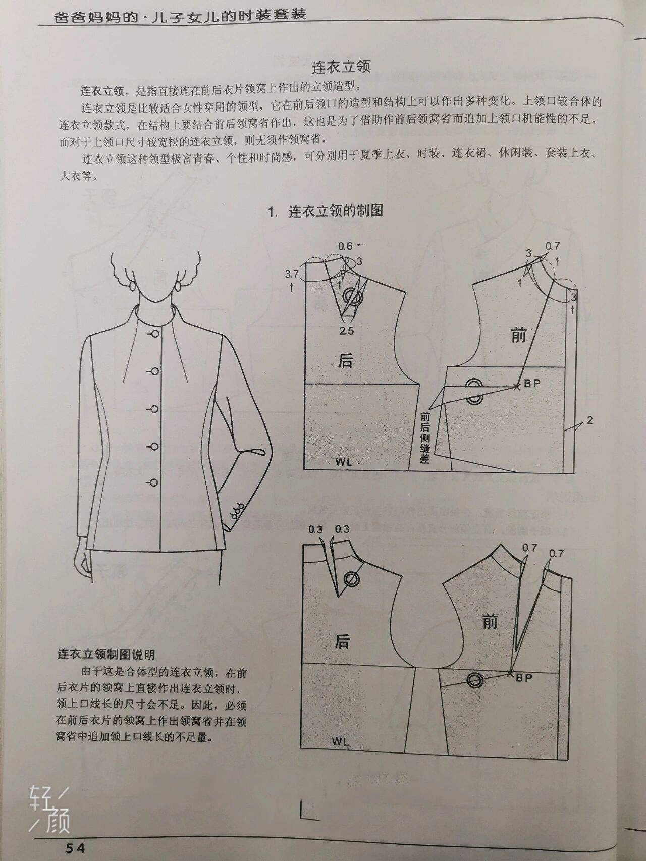 服装设计常用的连身立领款式图与裁剪图