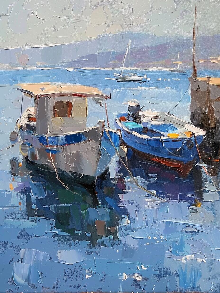 ai油画|宁静港湾,渔船停泊