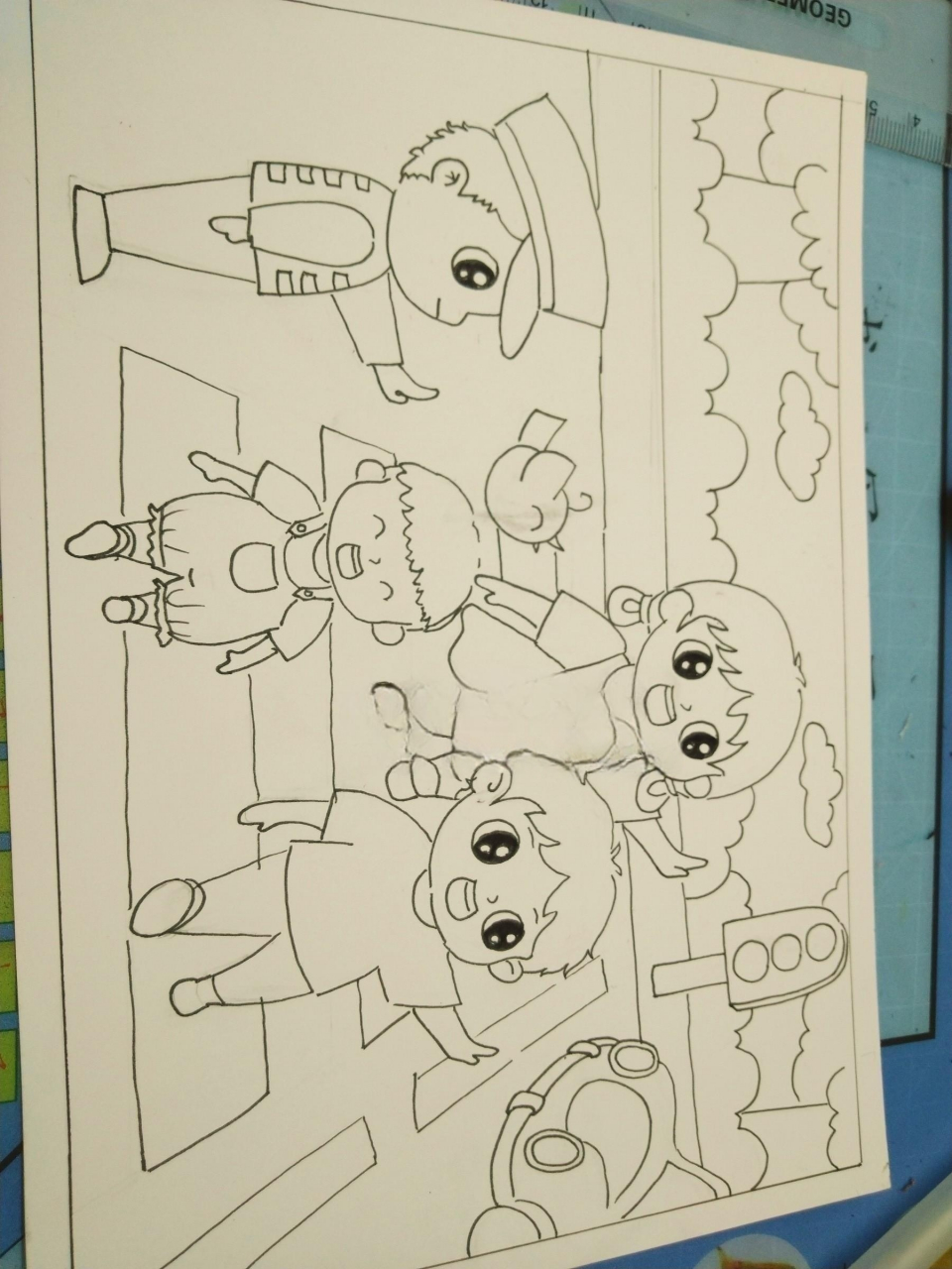 马克笔儿童画《过马路》