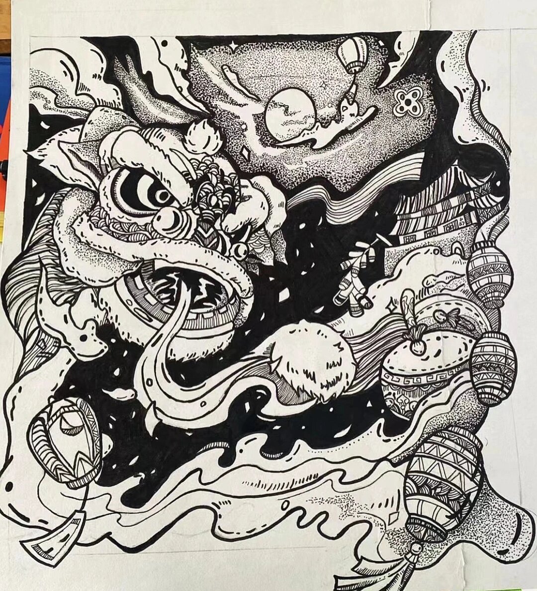 舞狮 黑白线描画 线描 黑白画