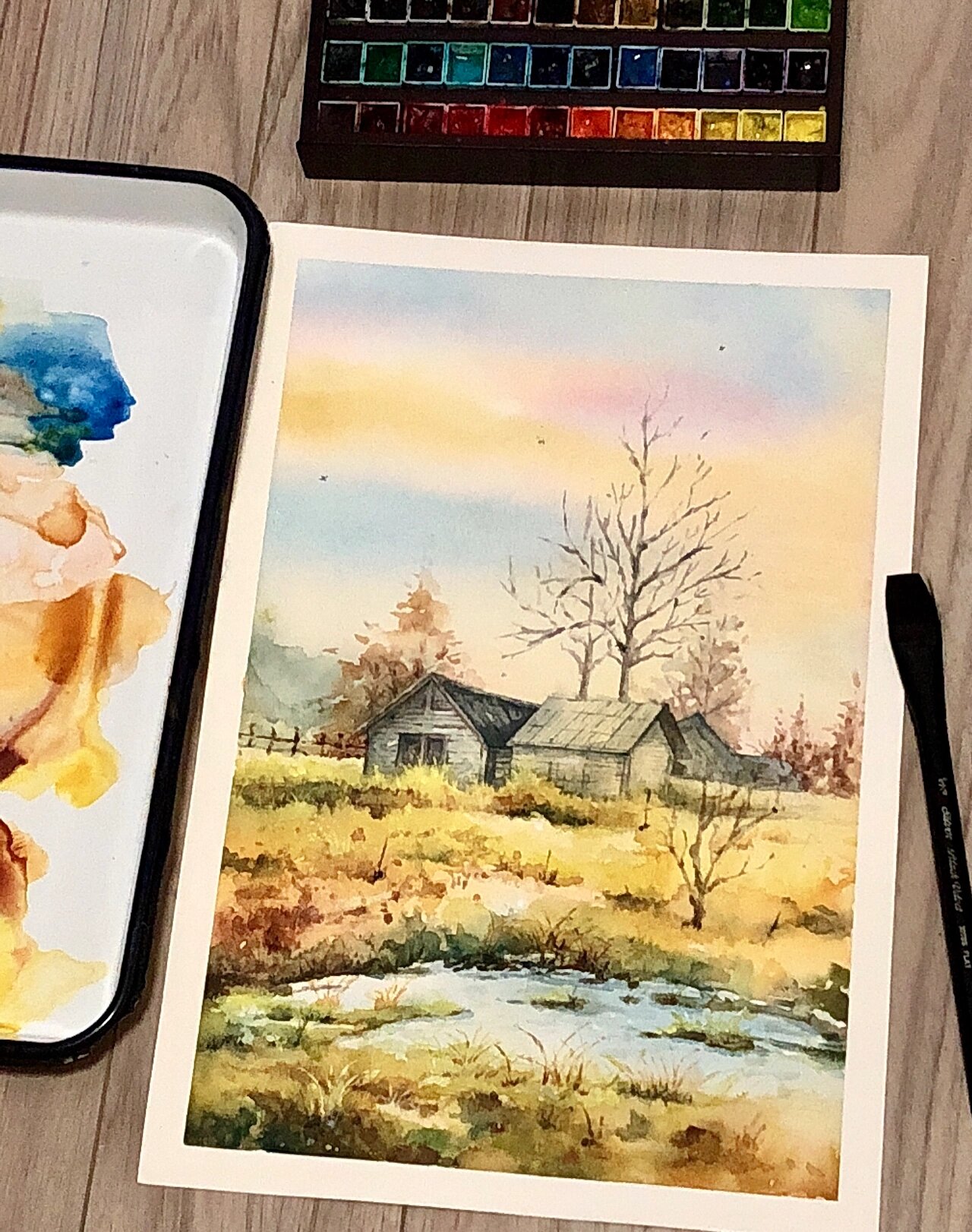 水彩风景画小房子