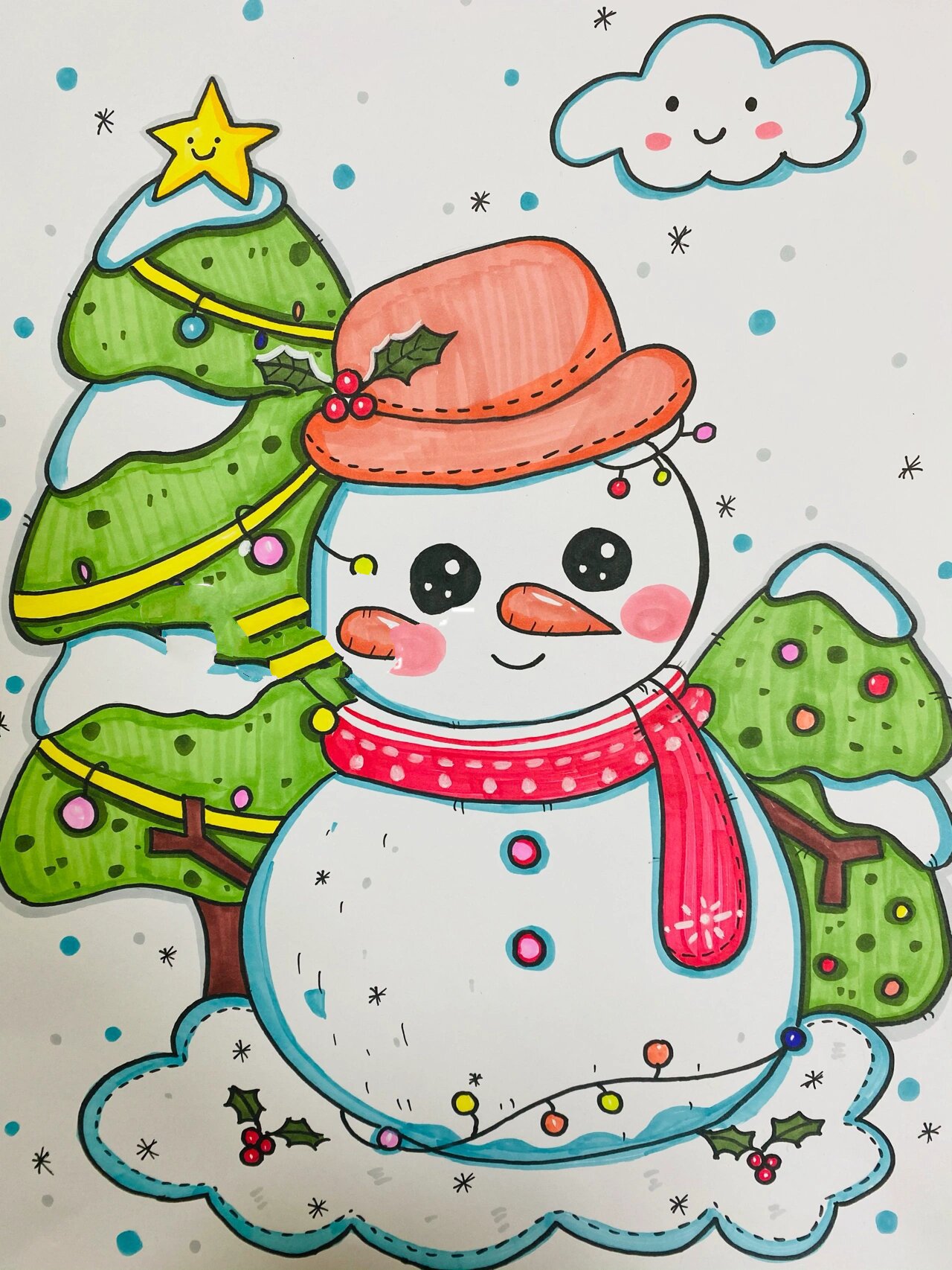 少儿美术|马克笔|戴礼帽的雪人7815