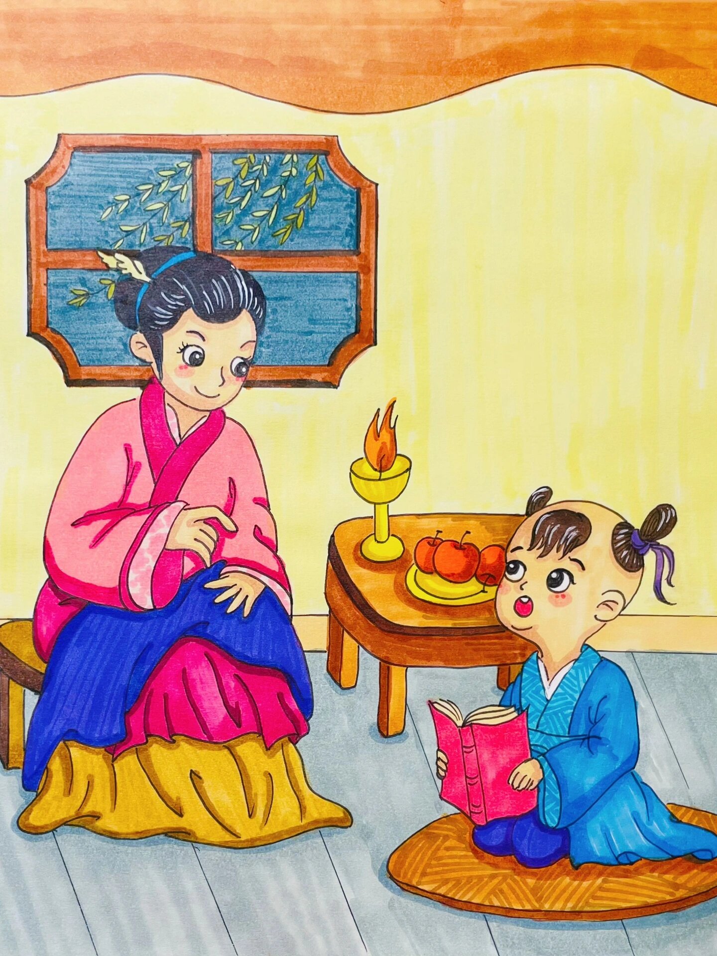 中华传统文化《弟子规》配画(附线稿) #画画的日常# 	 侍奉父母要用心