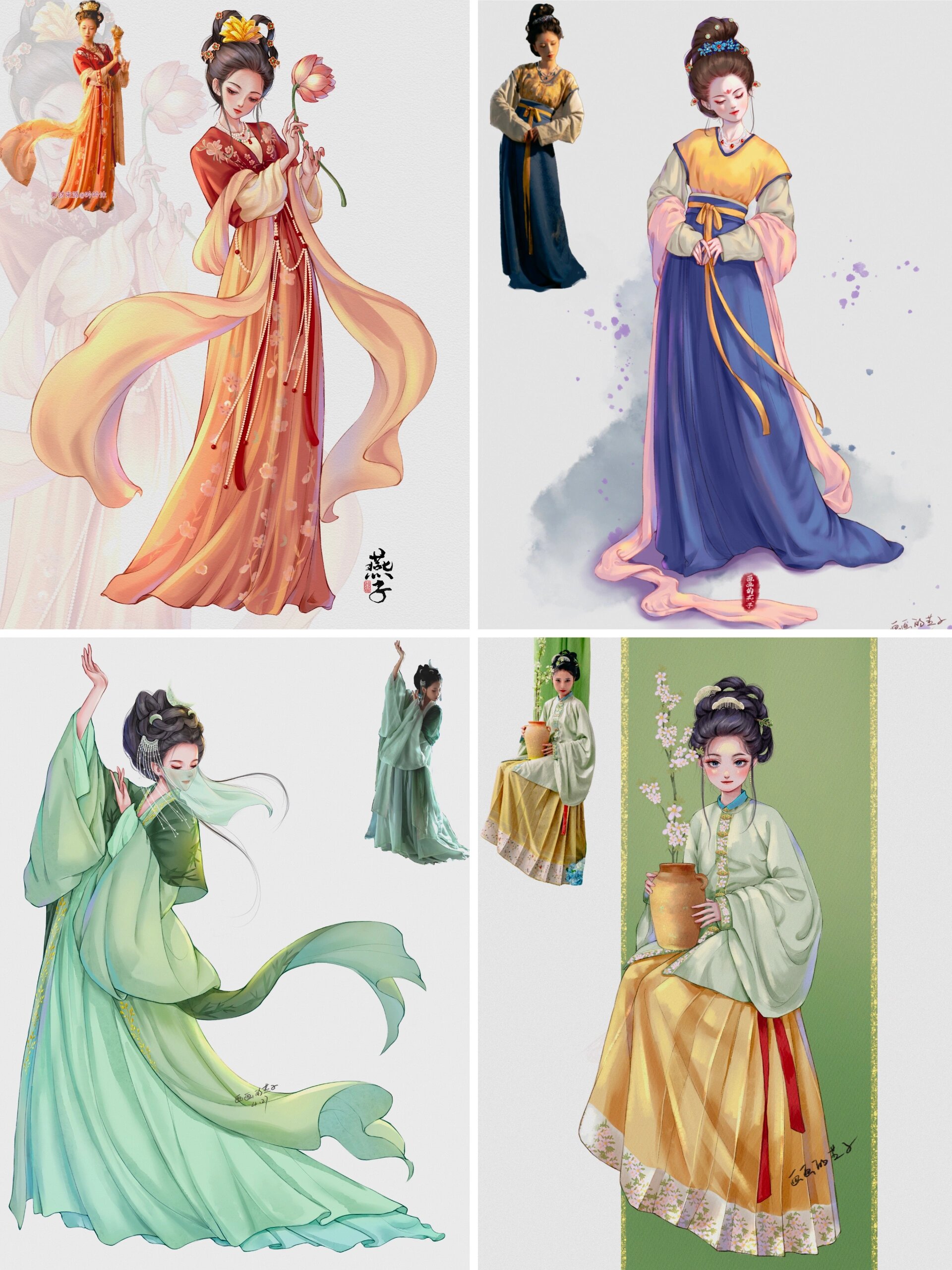 唯美古风全身人物插画四宫格