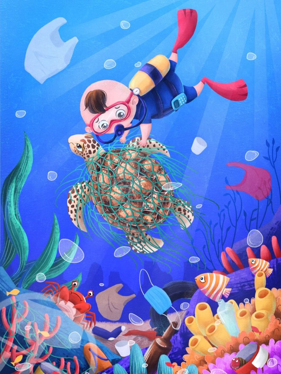 环保主题插画|保护海洋环境 海龟被捕鱼网缠住了整个身体还在努力游泳