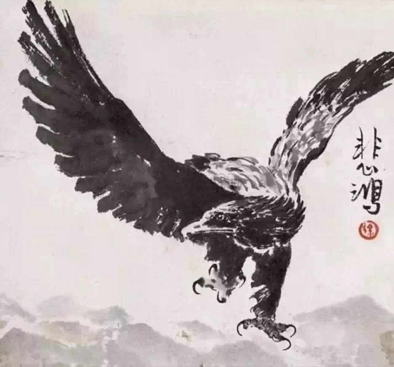 徐悲鸿生性刚强,喜写猛禽猛兽,而此时鹰在画家徐悲鸿