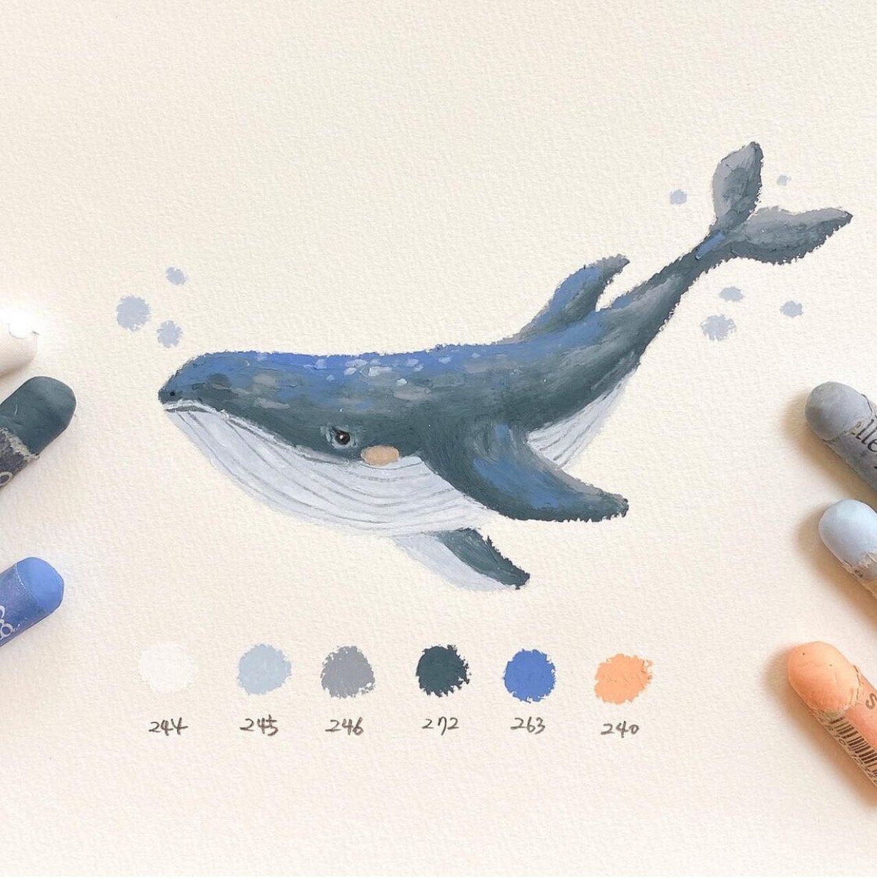 油画棒手绘鲸鱼 林深时见鹿,海蓝时见鲸.