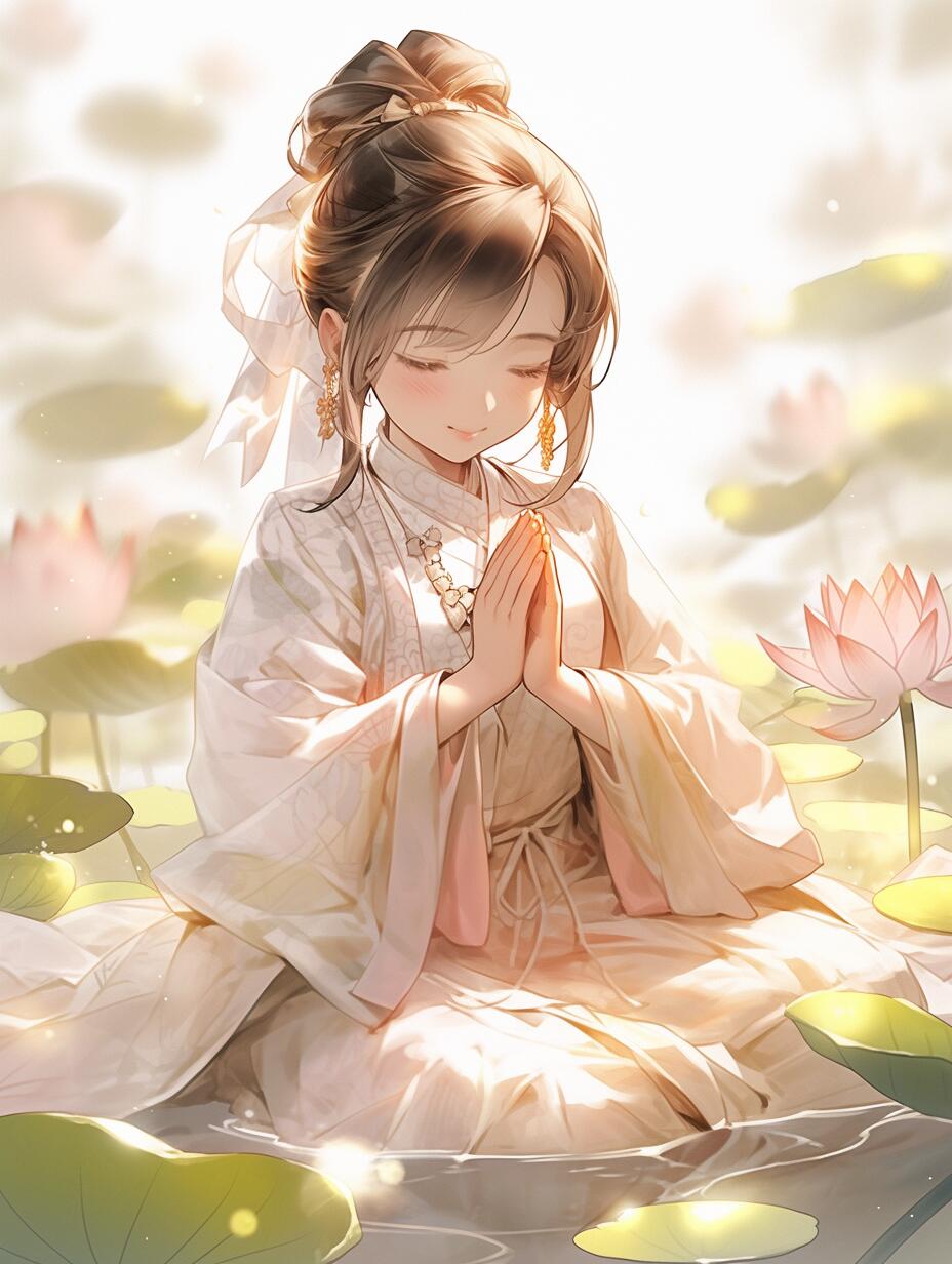 荷花池中一心向佛的少女,古风意境