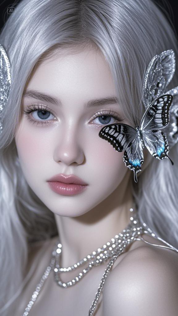 头发像蝴蝶,使用银色的颜色,具有超现实的细节,一张细致的脸,黑眼睛