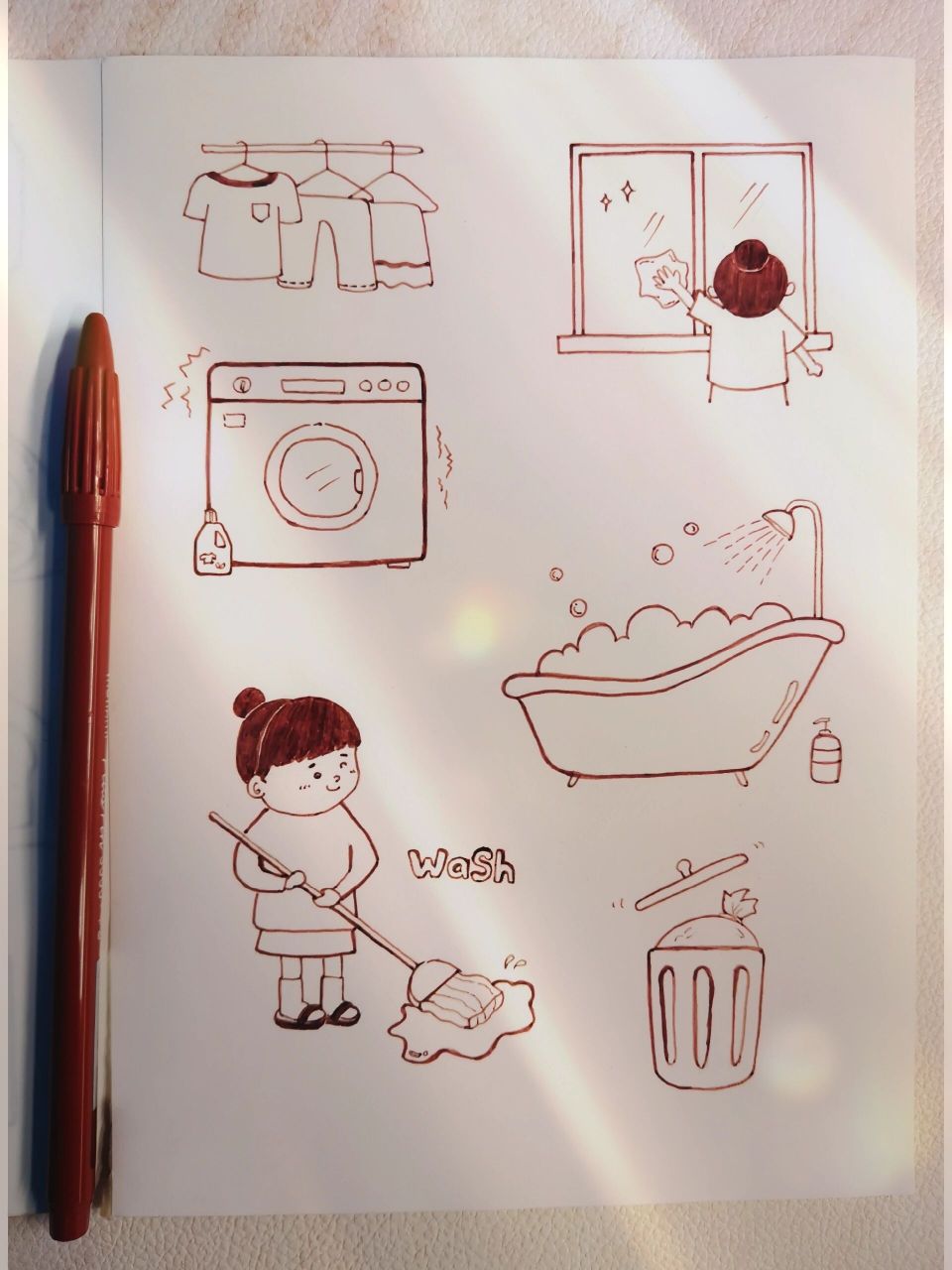 黑白简笔画/做家务 洗刷刷 笔 慕娜美纤维笔 纸 马克笔本 	 临摹作者