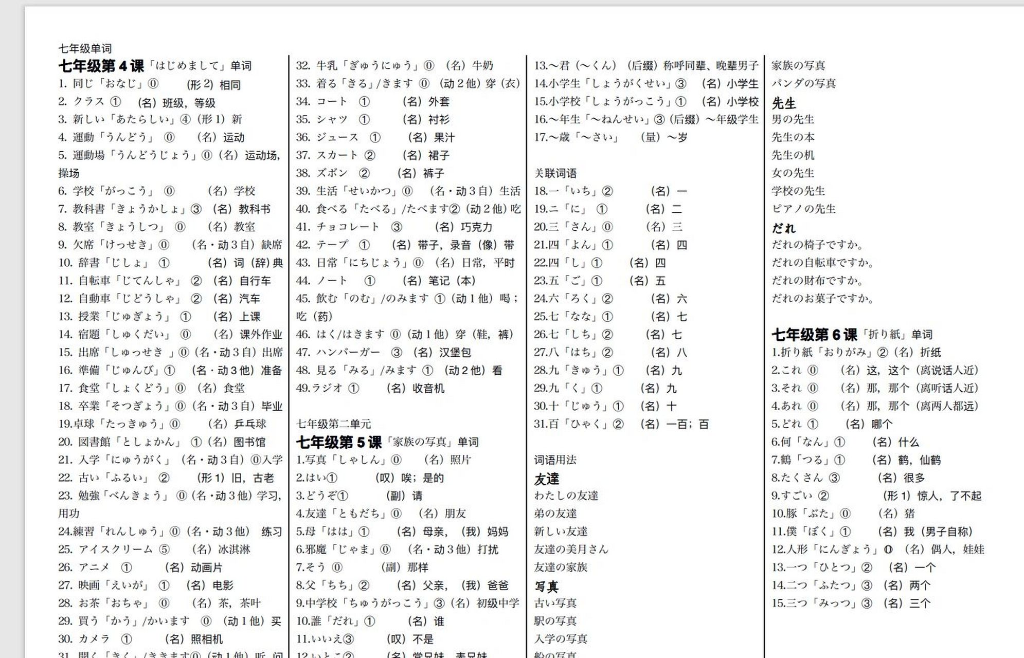 人教版日语七年级单词汇总(适合打印背诵) 用过人教版日语教材的宝子