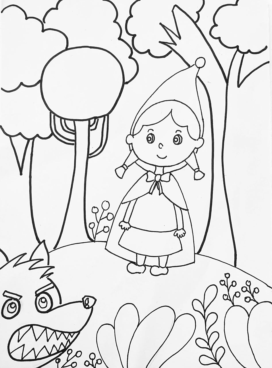 小红帽与大灰狼 童话故事《小公帽与大灰狼》简笔画,适合小学生的绘画