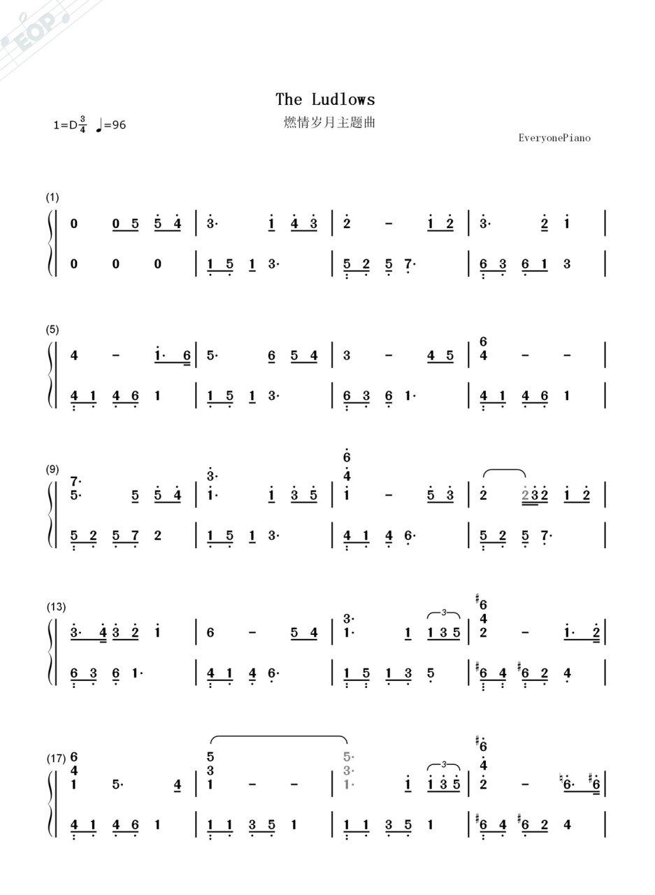 燃情岁月主题曲简谱钢琴双手曲谱