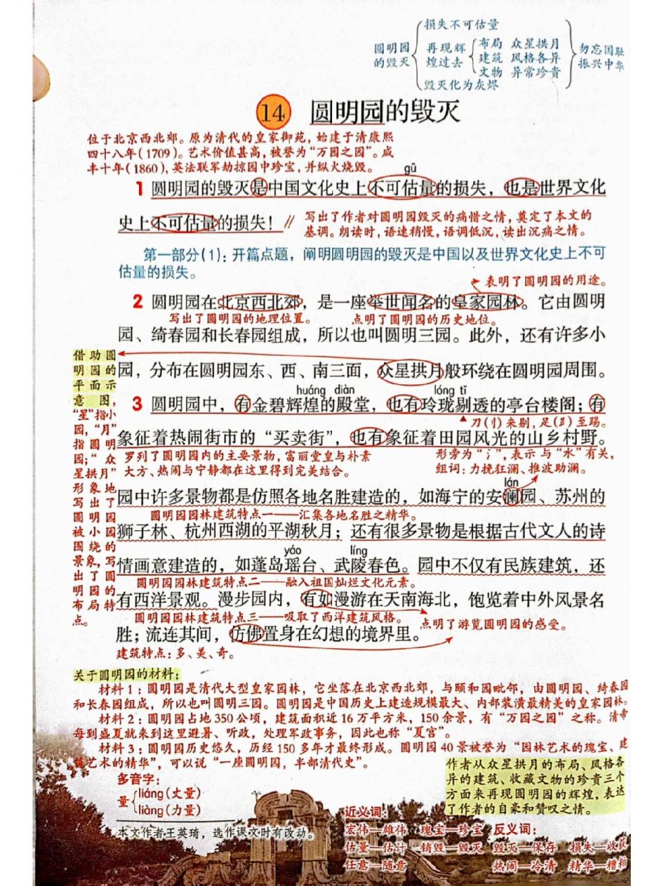 五上语文14《圆明园的毁灭》课堂笔记 部编版小学语文五年级上册第起