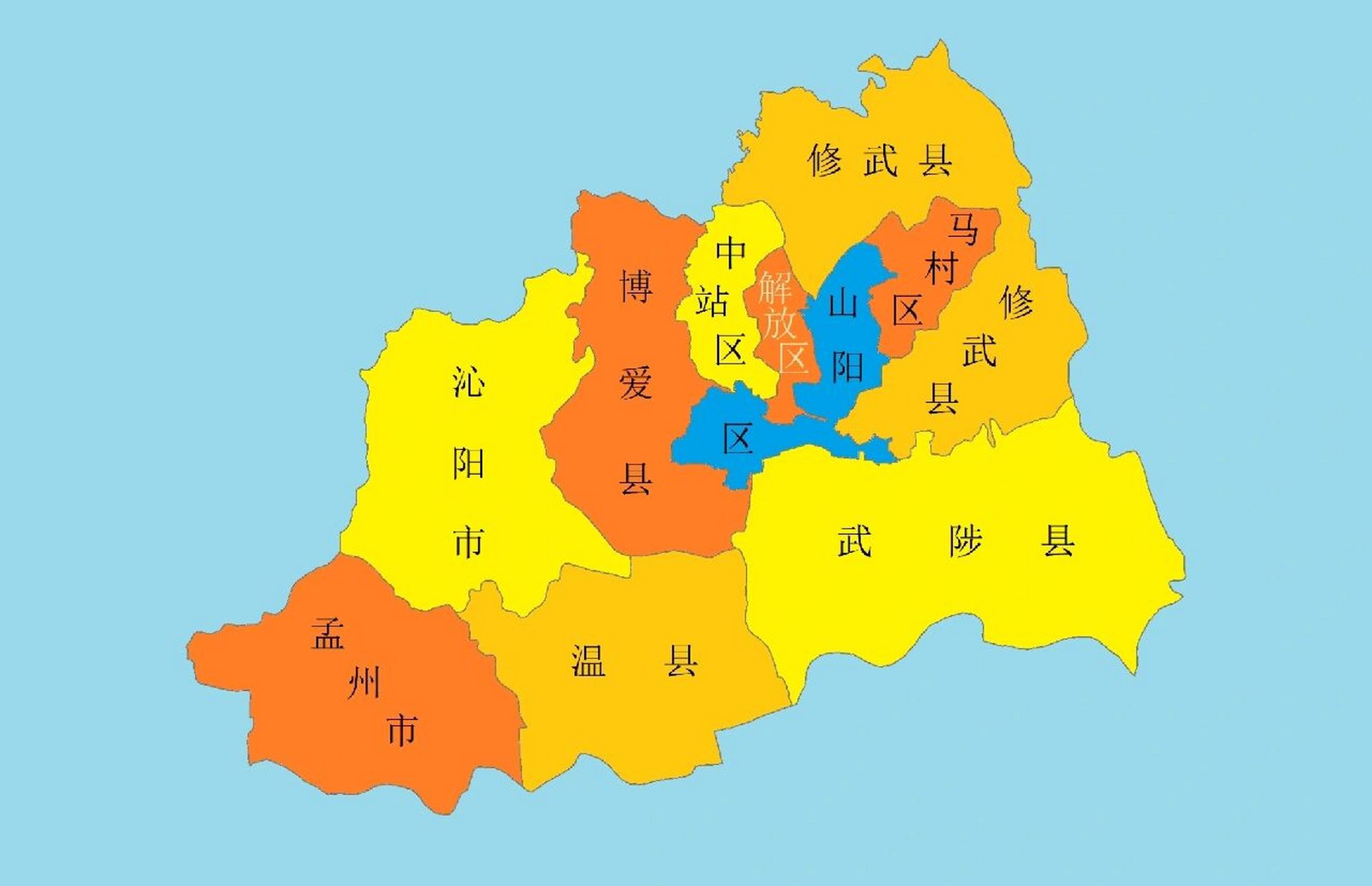 河南行政区划地图 焦作,下辖4个区,4个县,代管2个县级市:解放区,山阳