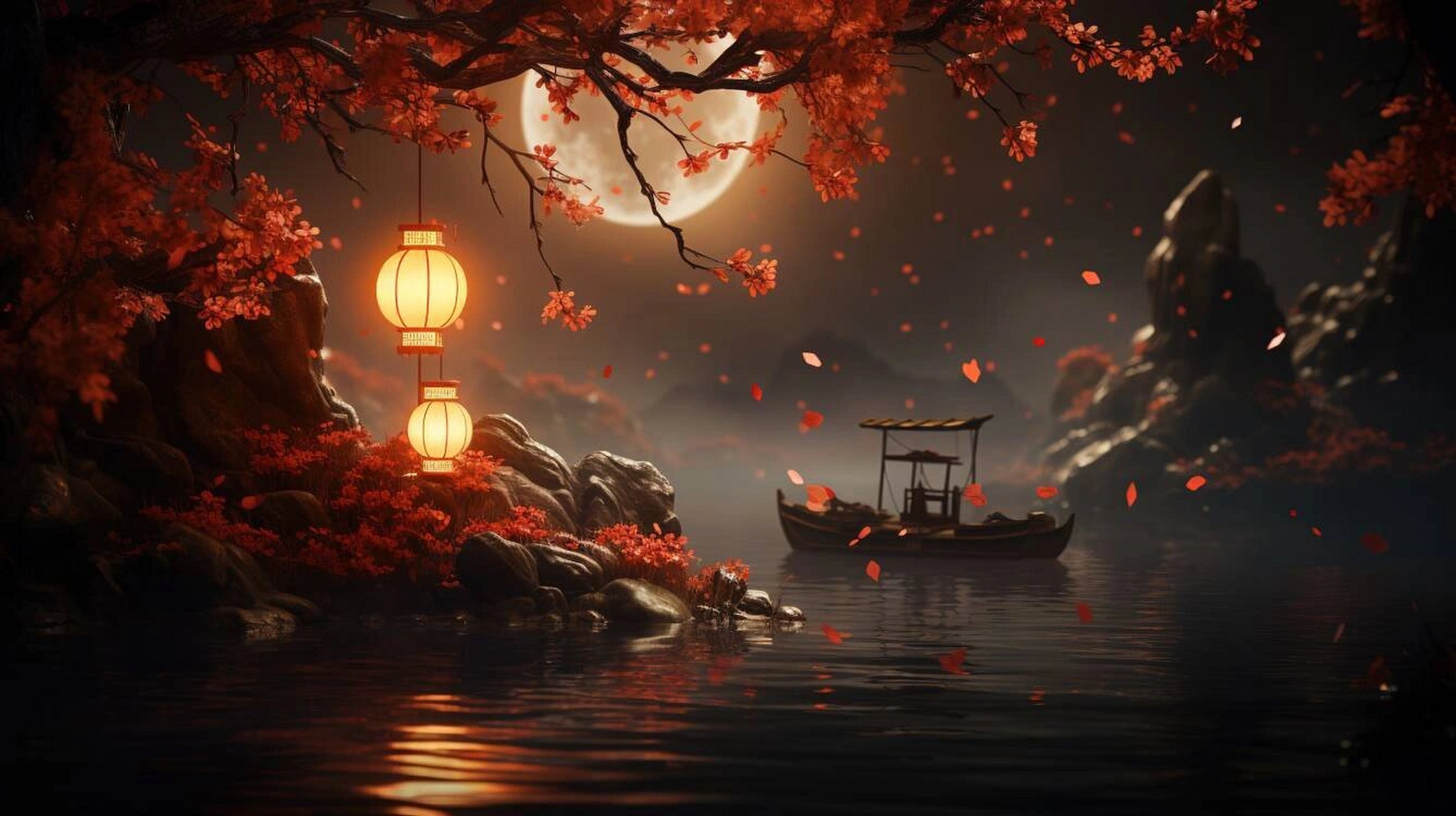 中秋节河面月亮倒影宁静唯美插画