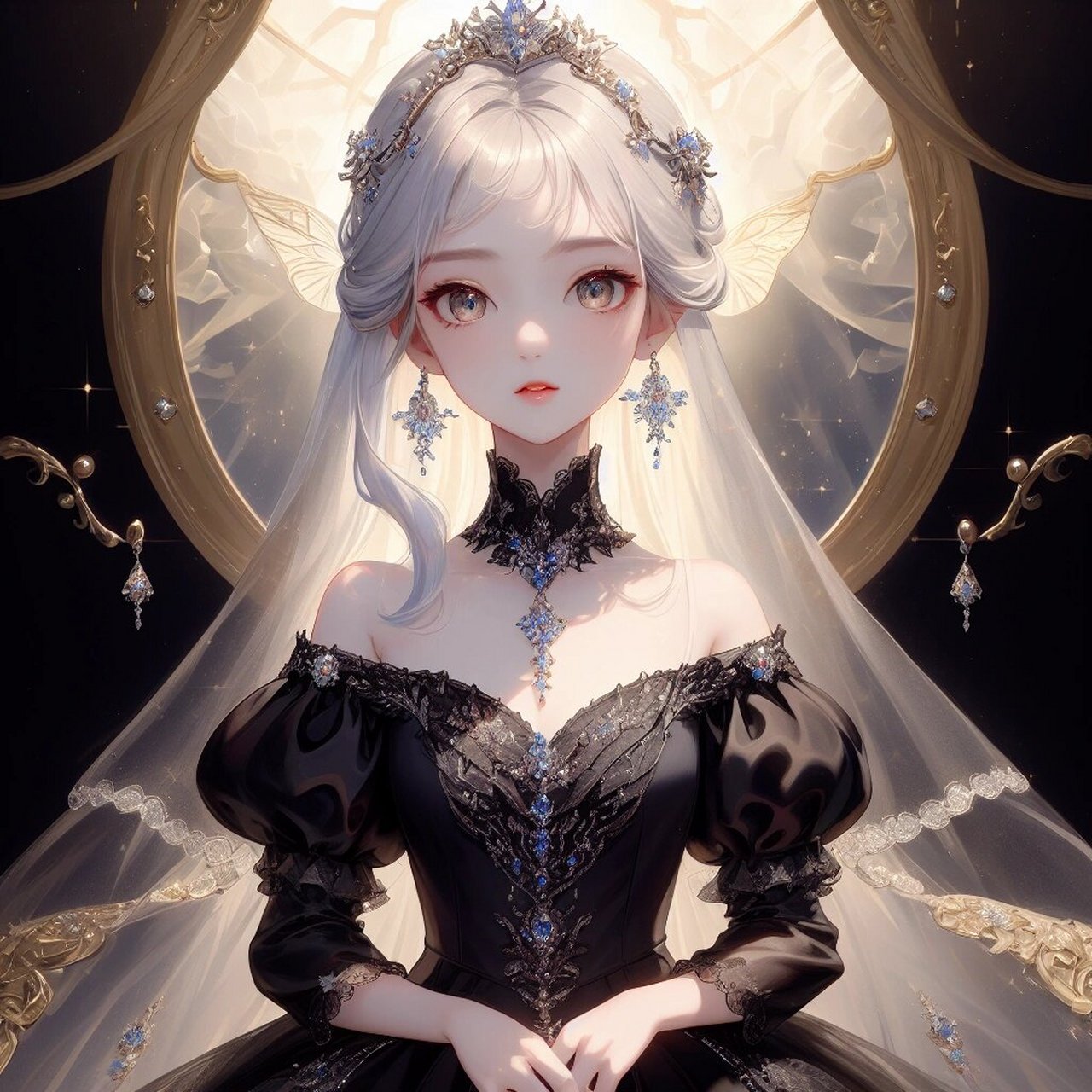 动漫头像|白发黑裙美少女 唯美光晕 上半身