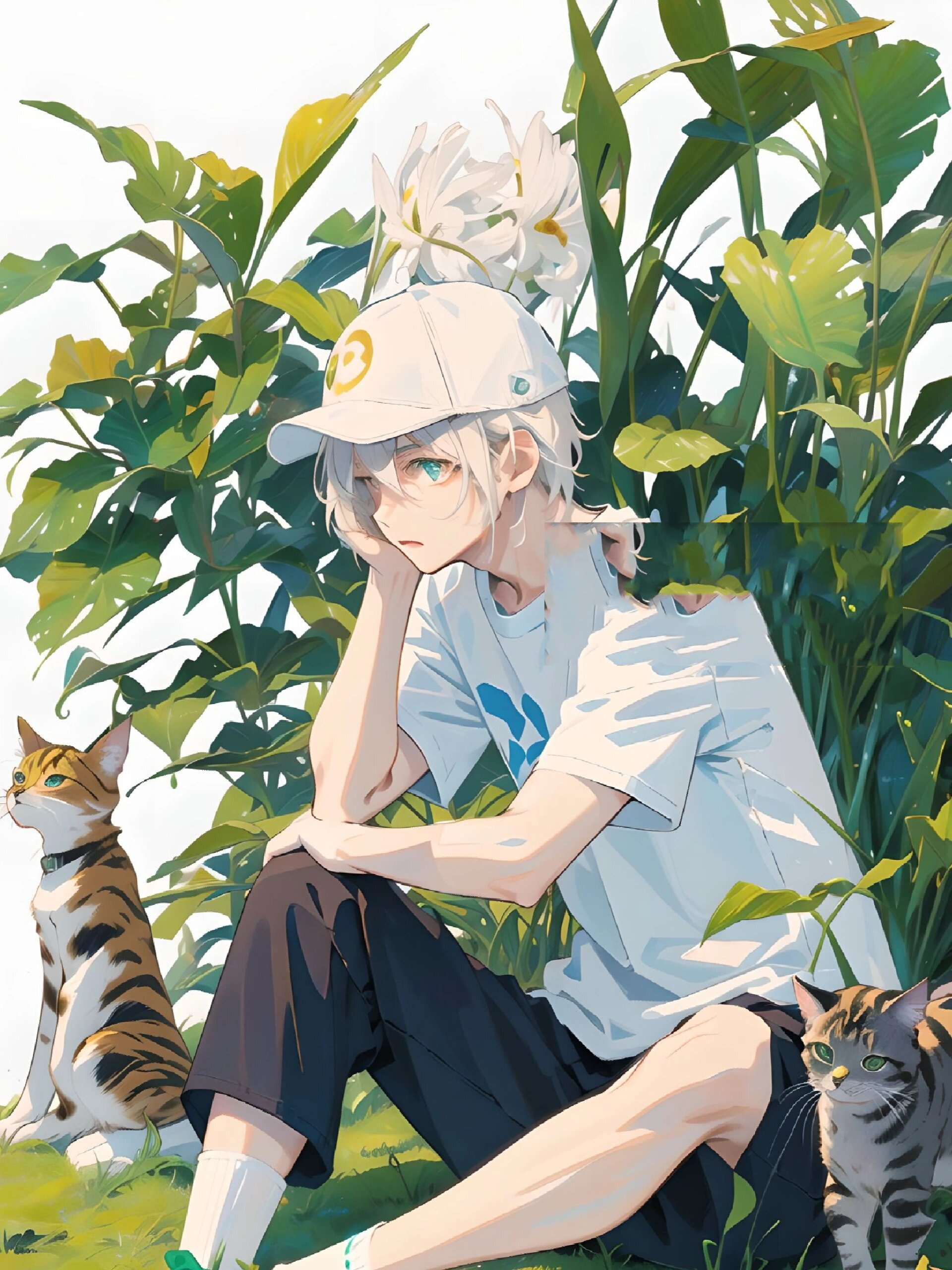 少年与猫与兔耳与白袜丨绿色系少年