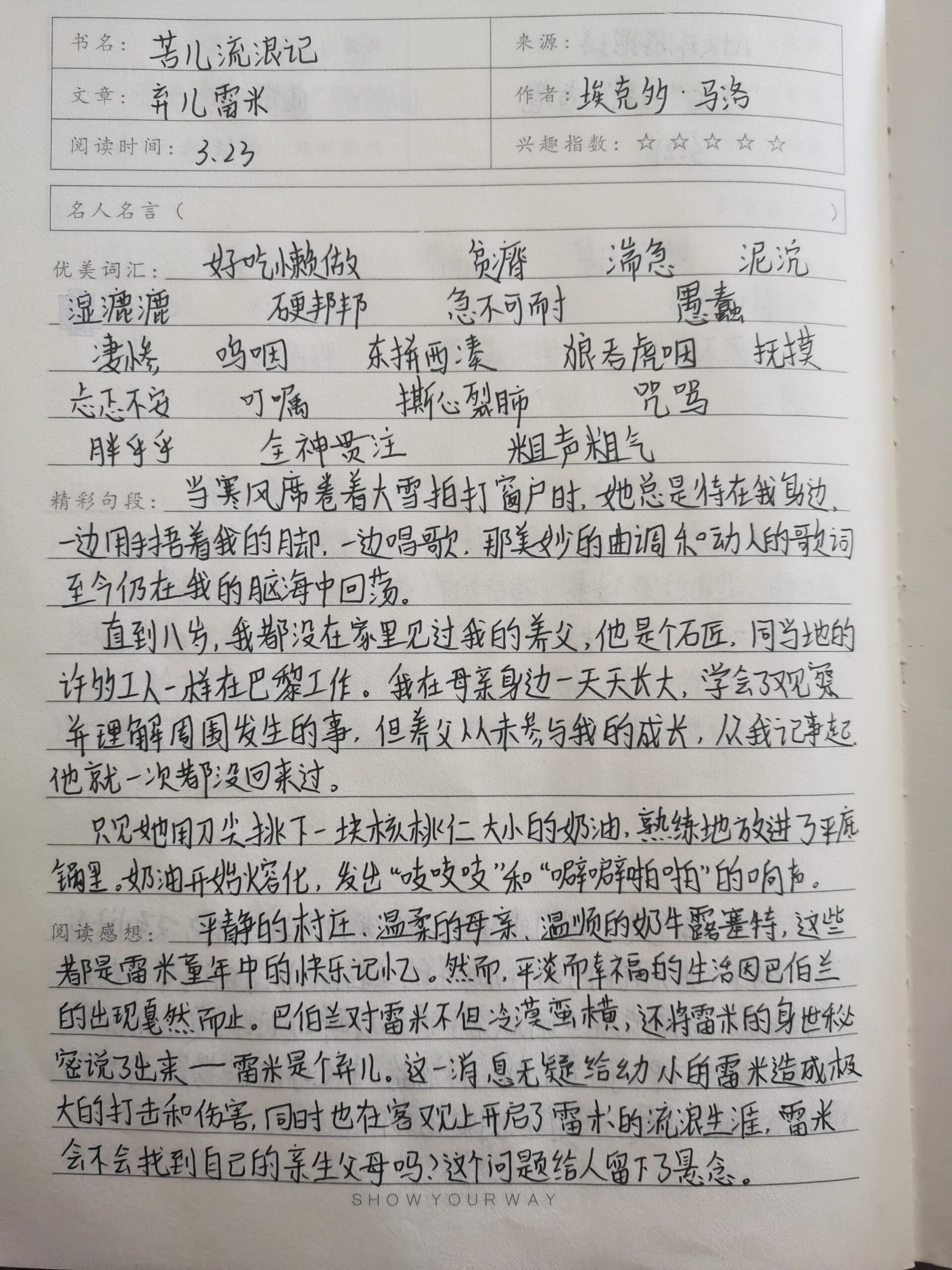 苦儿流浪记读书笔记第一章到第五章